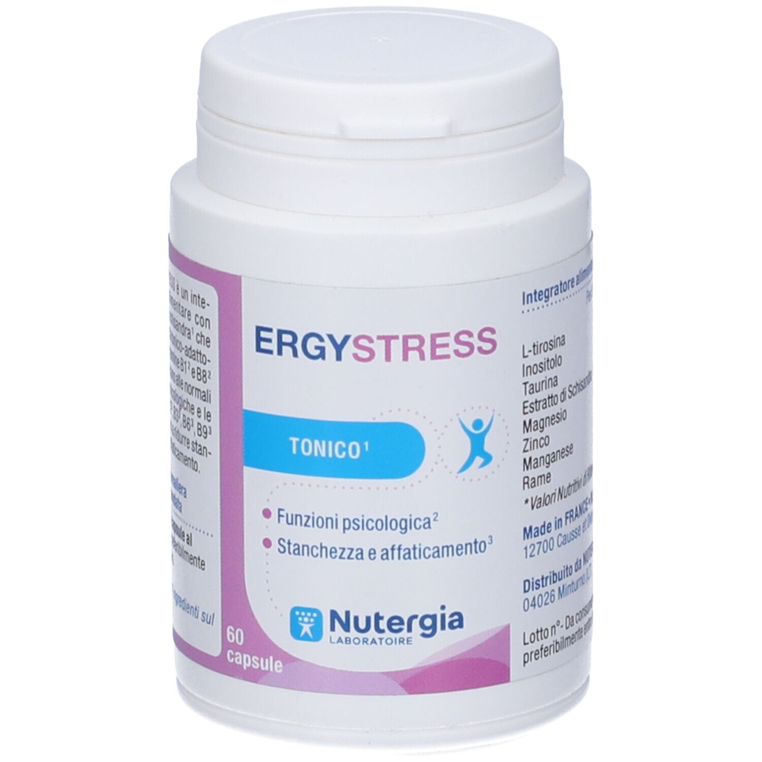 Flacone bianco 'Ergystress Tonico' con 60 capsule. Marchio Nutergia.