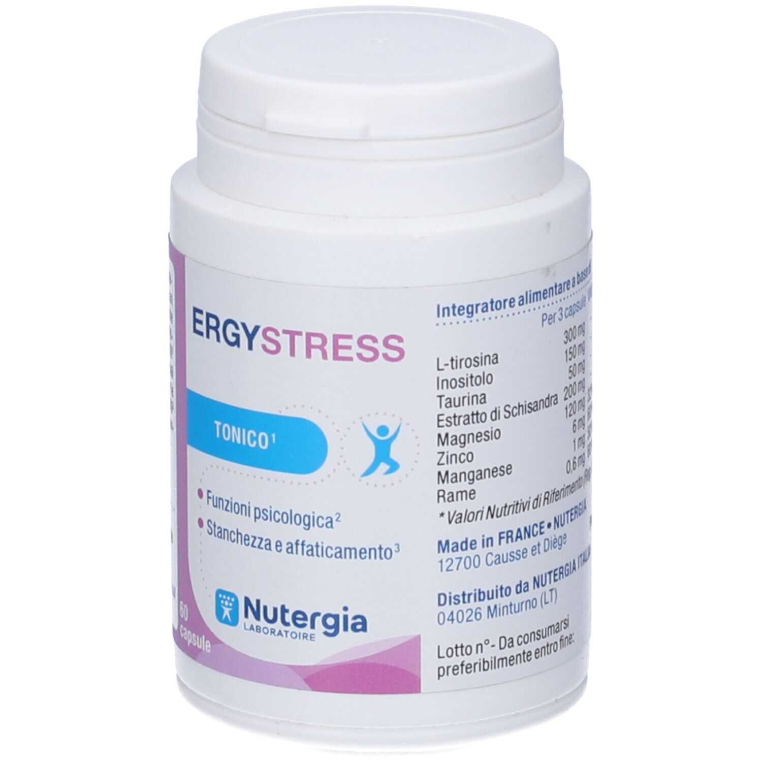 Flacone bianco 'Ergystress Tonico'. Ingredienti e informazioni nutrizionali.