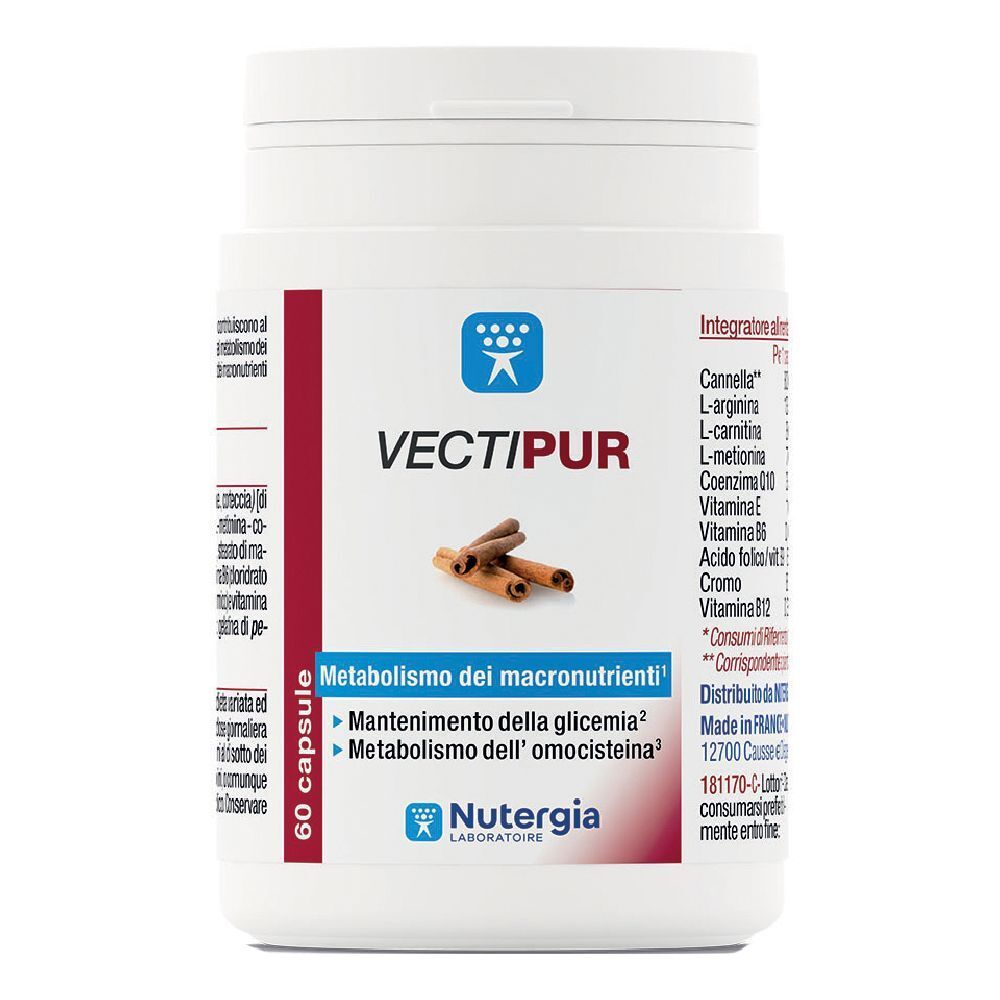 Flacone bianco VECTIPUR. Contiene 60 capsule. Etichetta con ingredienti e logo Nutergia. Informazioni nutrizionali e ingredienti.