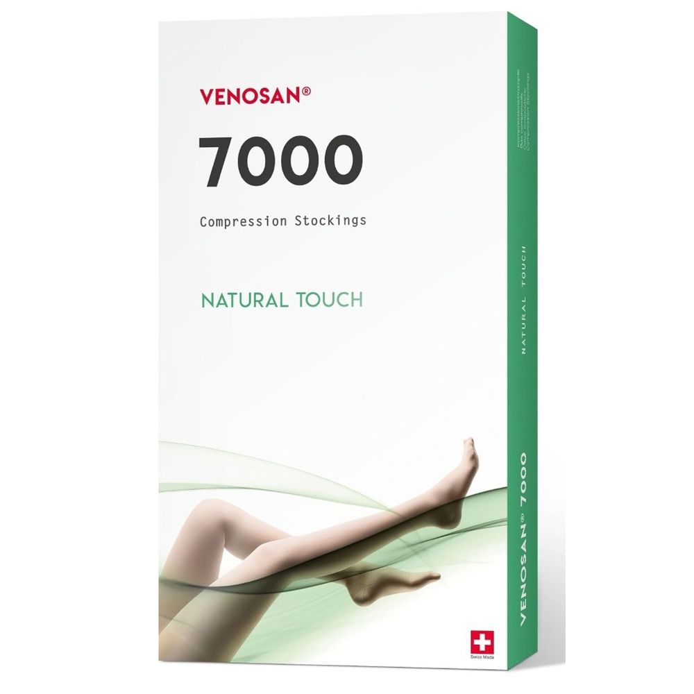 Confezione di calze a compressione Venosan 7000. Scatola bianca con dettagli verdi. Illustrazione di gamba.