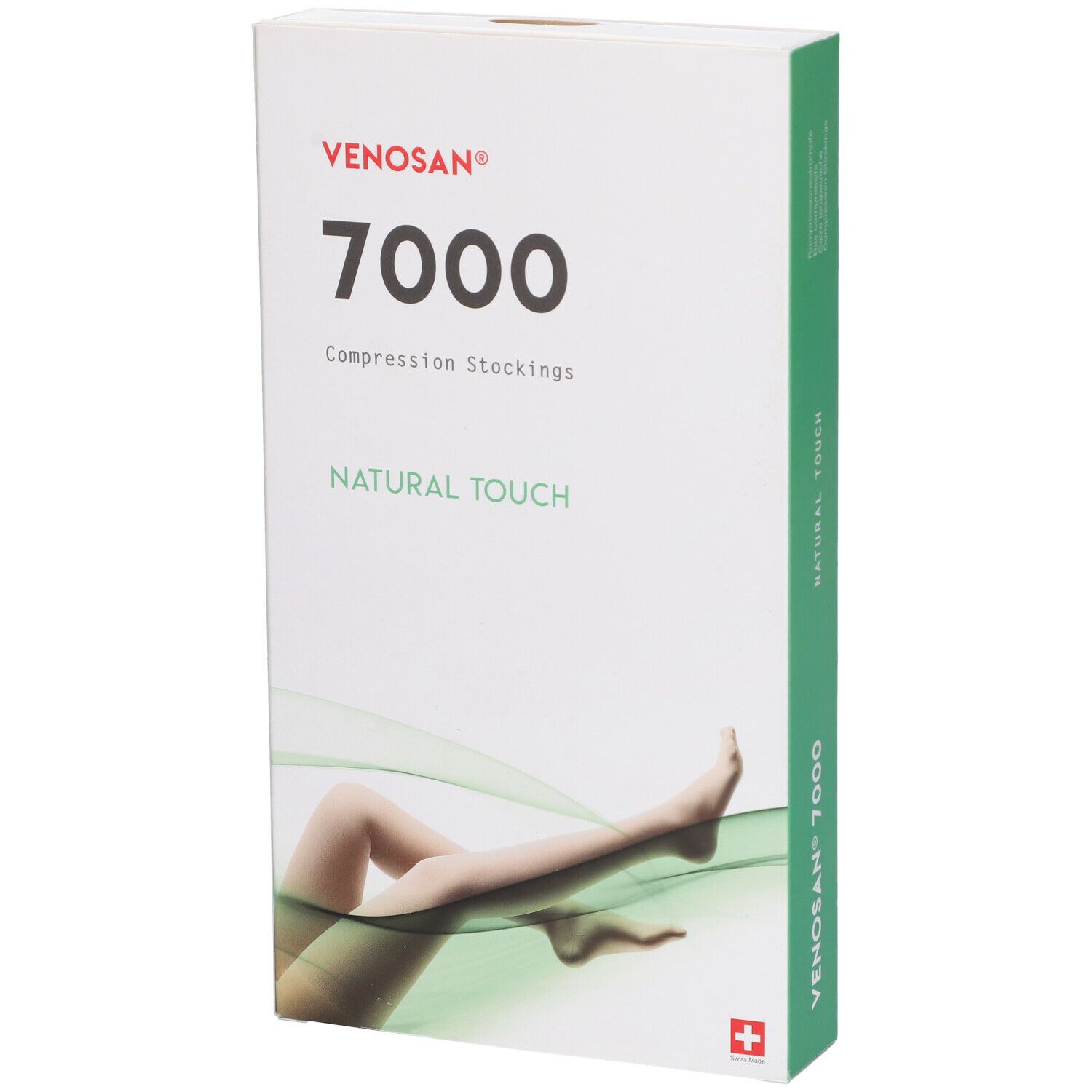 Confezione di calze a compressione Venosan 7000. Bianco con dettagli verdi. Nome e logo del prodotto.