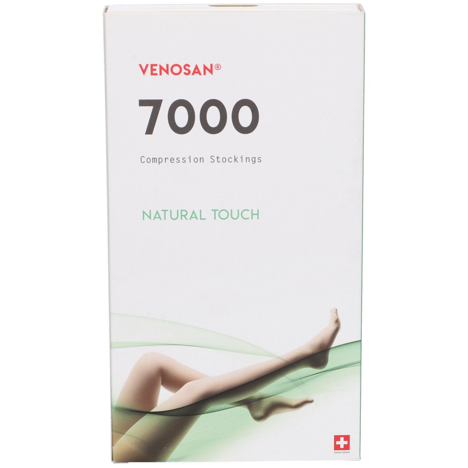 Confezione di calze a compressione Venosan 7000. Bianco con dettagli verdi. Nome e logo del prodotto.