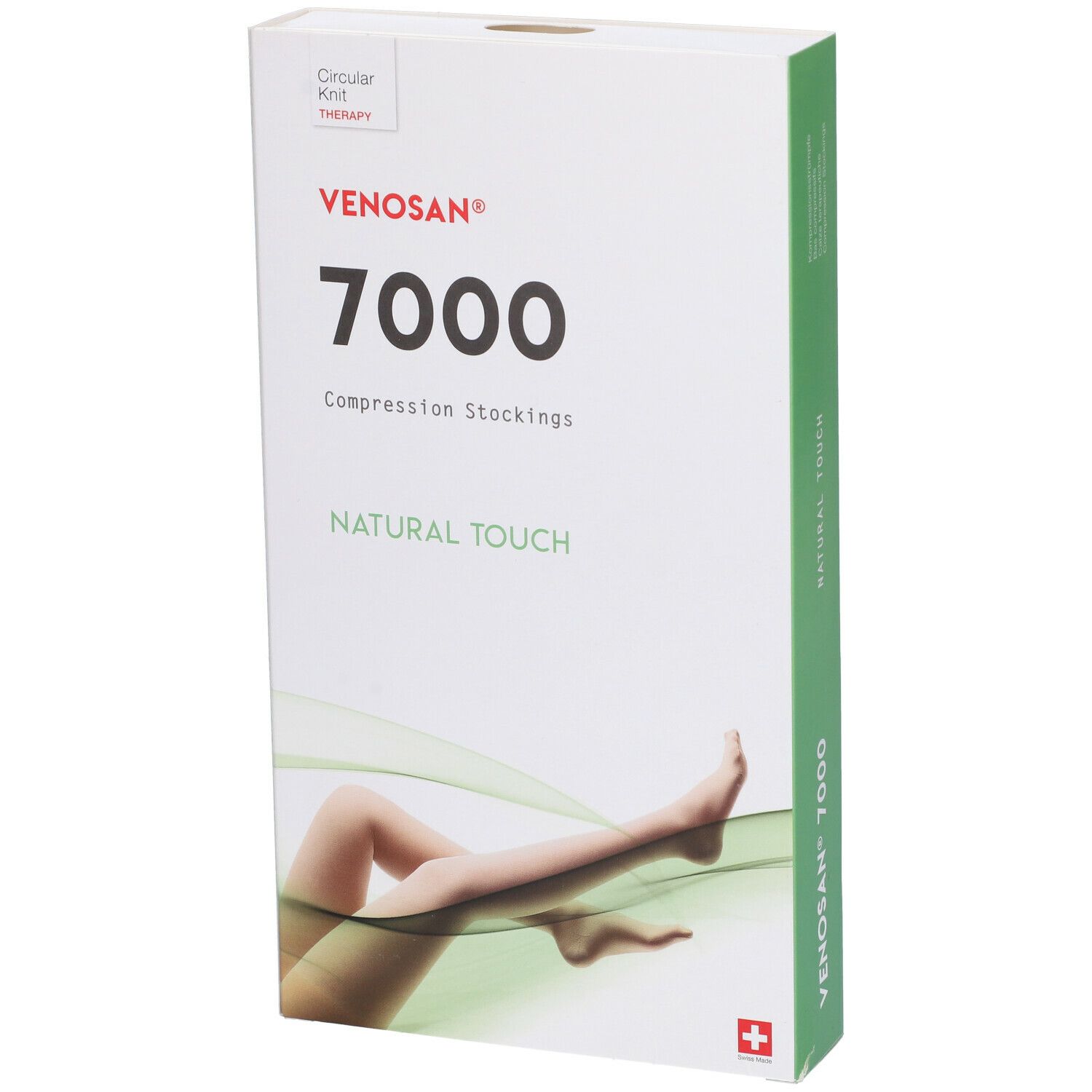 Venosan 7000 calze a compressione Natural Touch. Confezione con illustrazione gamba e croce svizzera.
