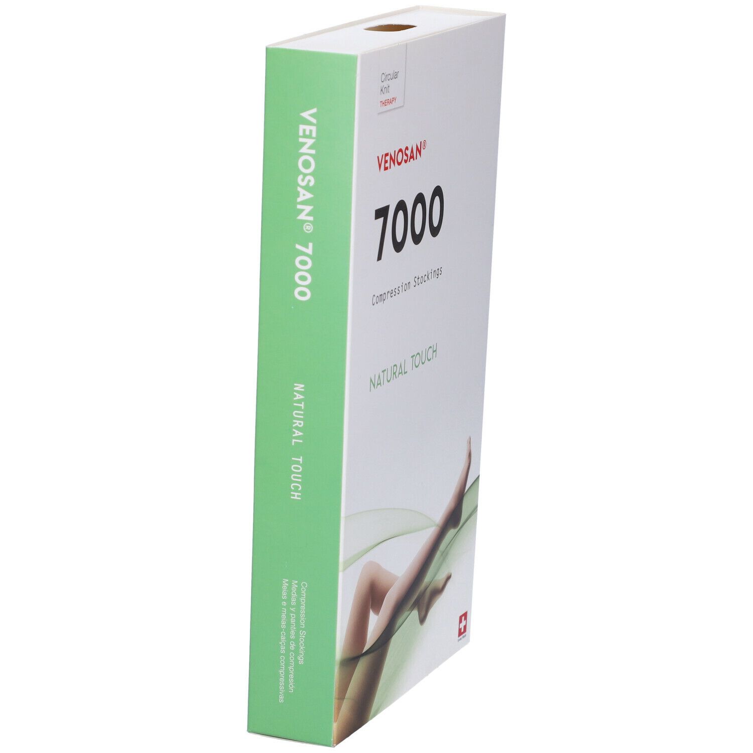 Venosan 7000 calze a compressione Natural Touch. Confezione, vista laterale con croce svizzera.