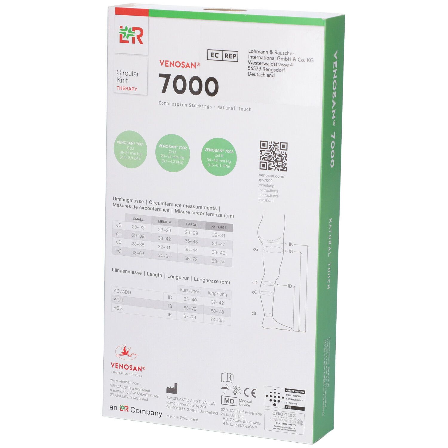 Venosan 7000 calze a compressione Natural Touch. Retro confezione con tabella taglie e codice QR.