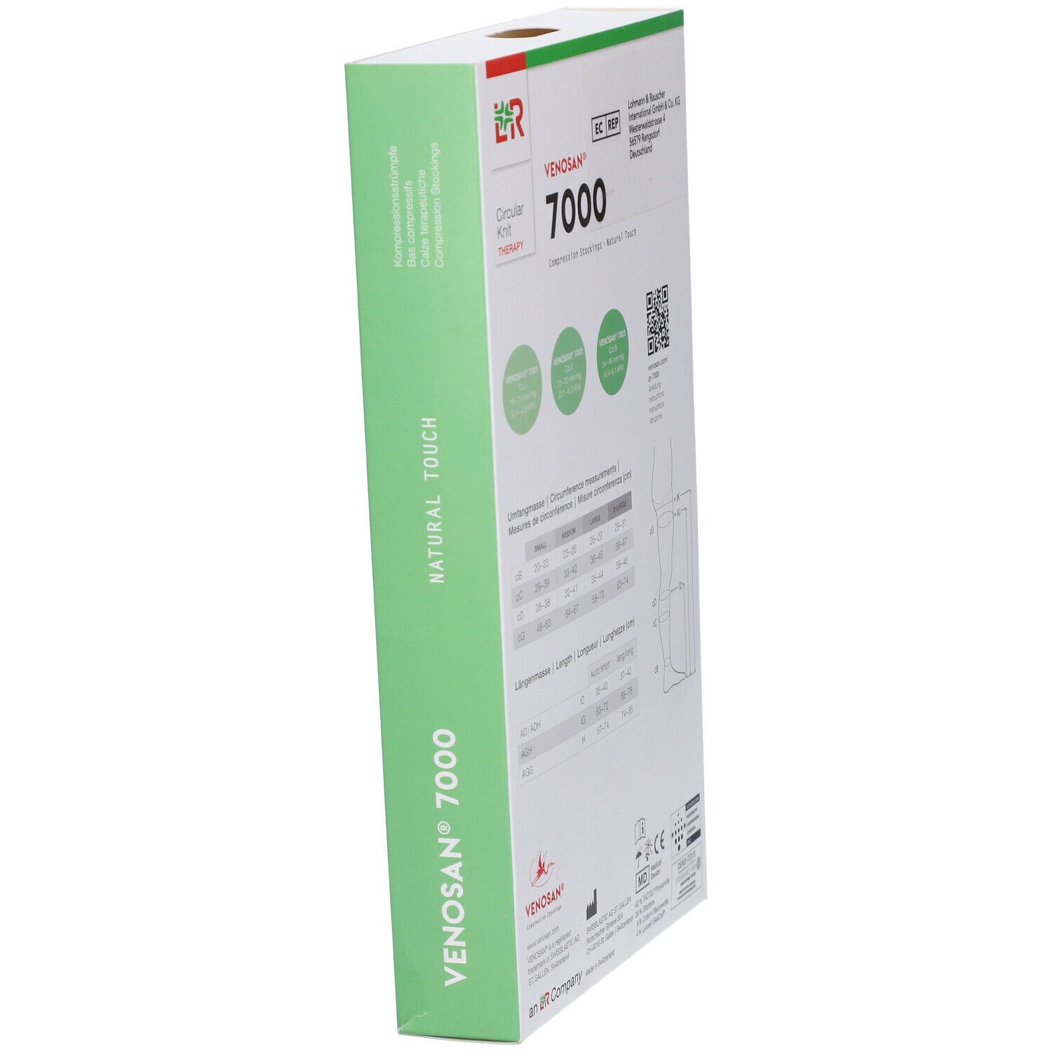 Venosan 7000 calze a compressione Natural Touch. Confezione, vista laterale con tabella taglie.