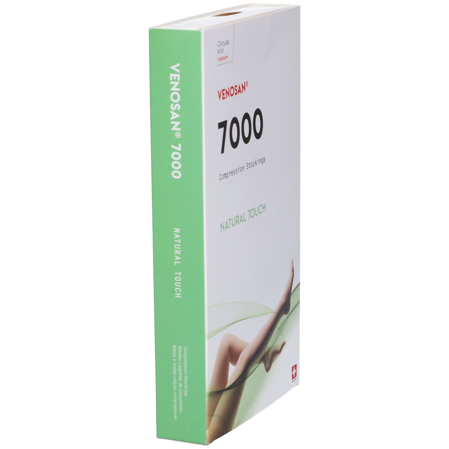 Venosan 7000 calze a compressione Natural Touch. Confezione, vista laterale. Logo, nome e illustrazione gamba.
