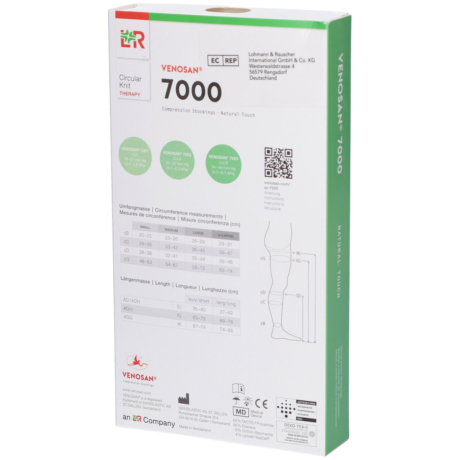 Venosan 7000 calze a compressione. Retro confezione con tabella taglie e informazioni prodotto.