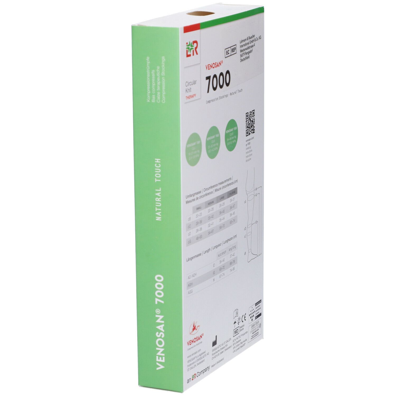 Venosan 7000 calze a compressione. Confezione, vista laterale con logo, nome e tabella taglie.