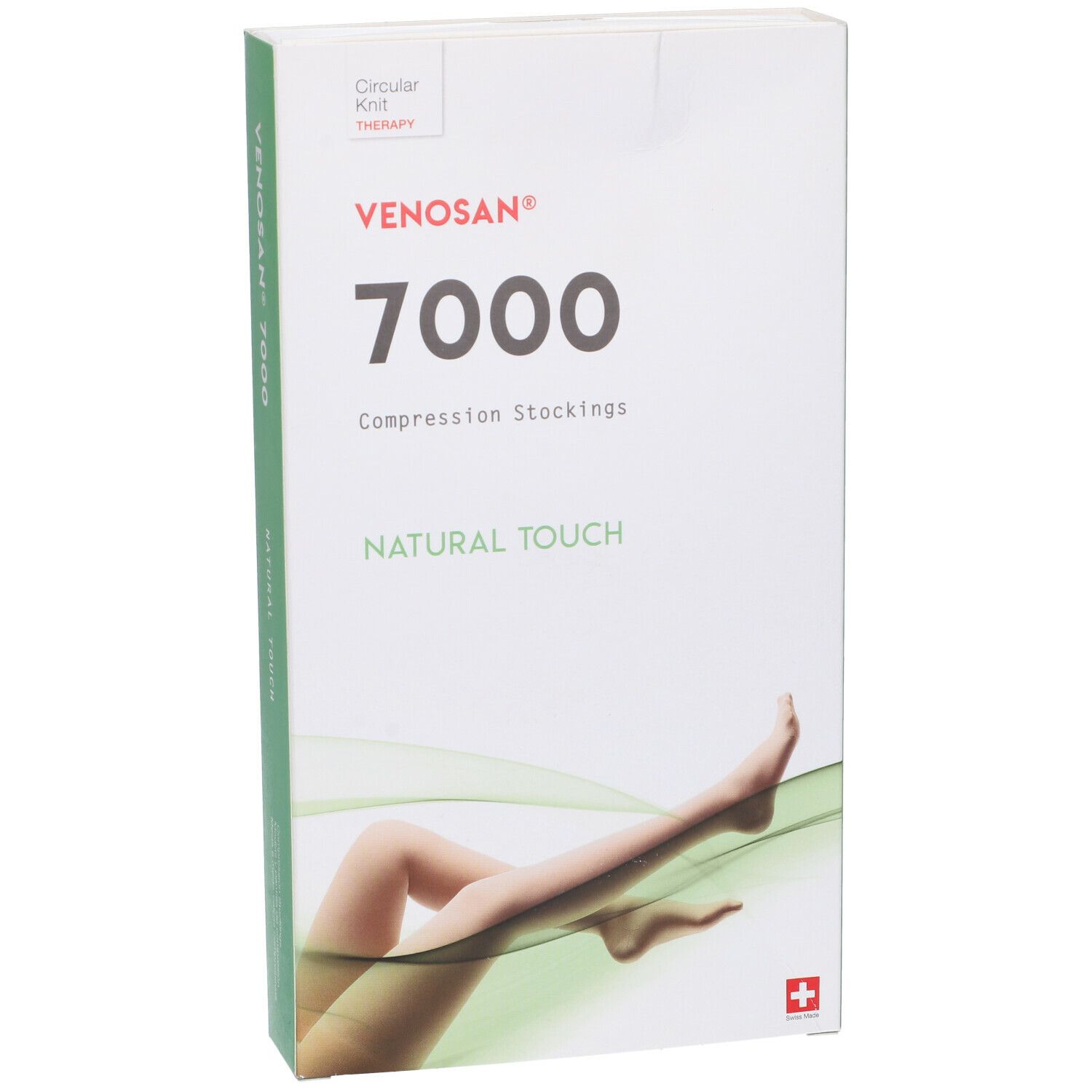 Venosan 7000 calze a compressione Natural Touch. Confezione beige con illustrazione gamba e croce svizzera.
