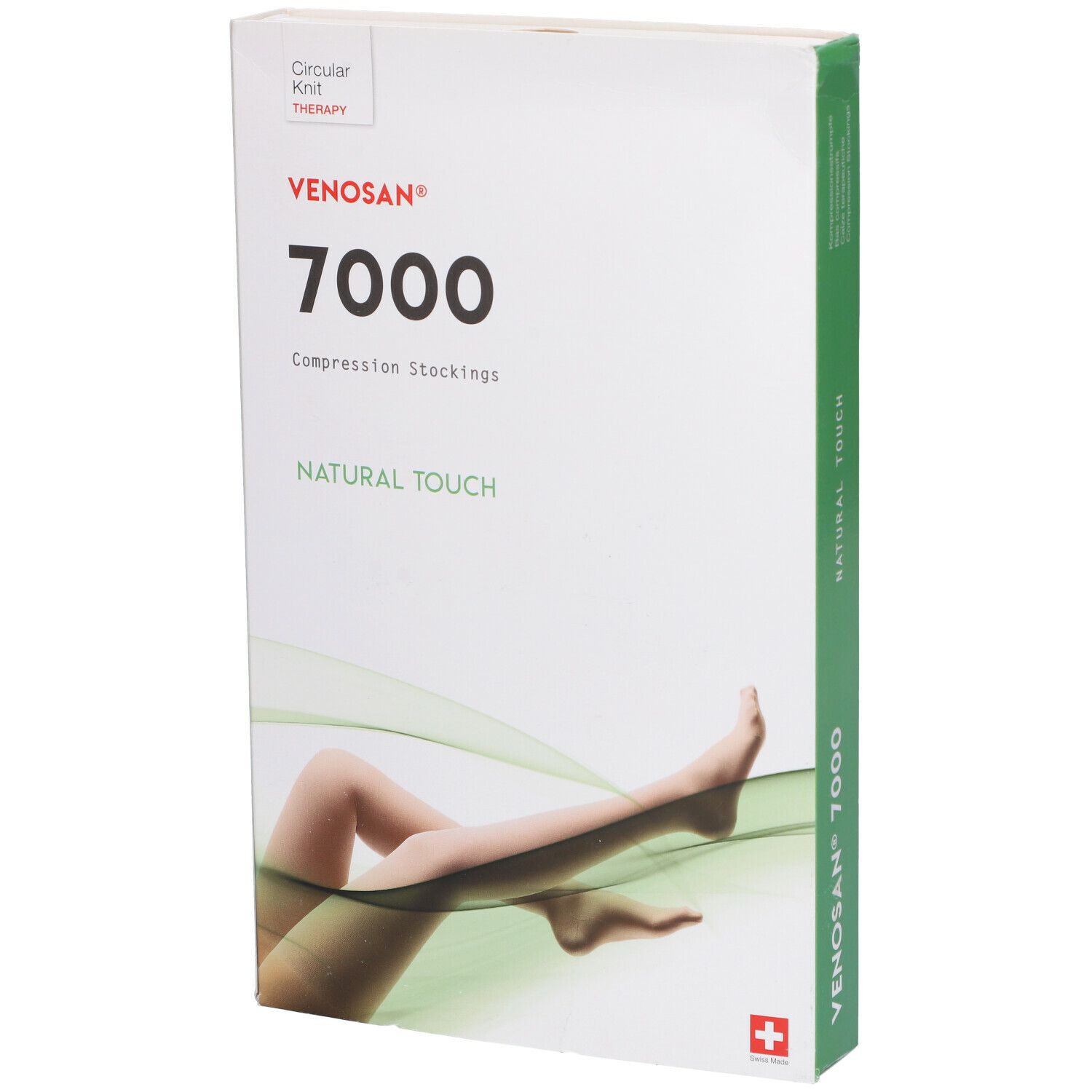 Confezione calze a compressione Venosan 7000. Bianco, verde, testo: 7000, Natural Touch, Circular Knit Therapy. Croce svizzera.