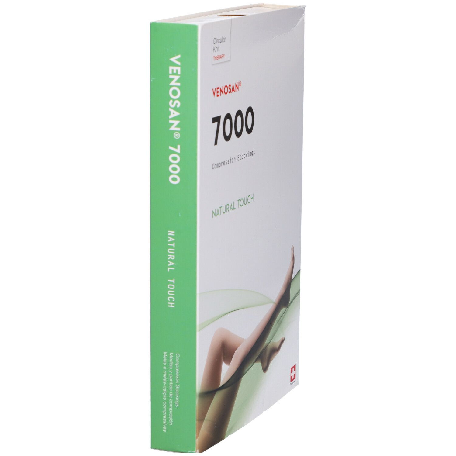 Confezione Venosan 7000, bianca, verde. Testo: 7000, Natural Touch, Circular Knit Therapy. Croce svizzera. Rappresentazione gamba.