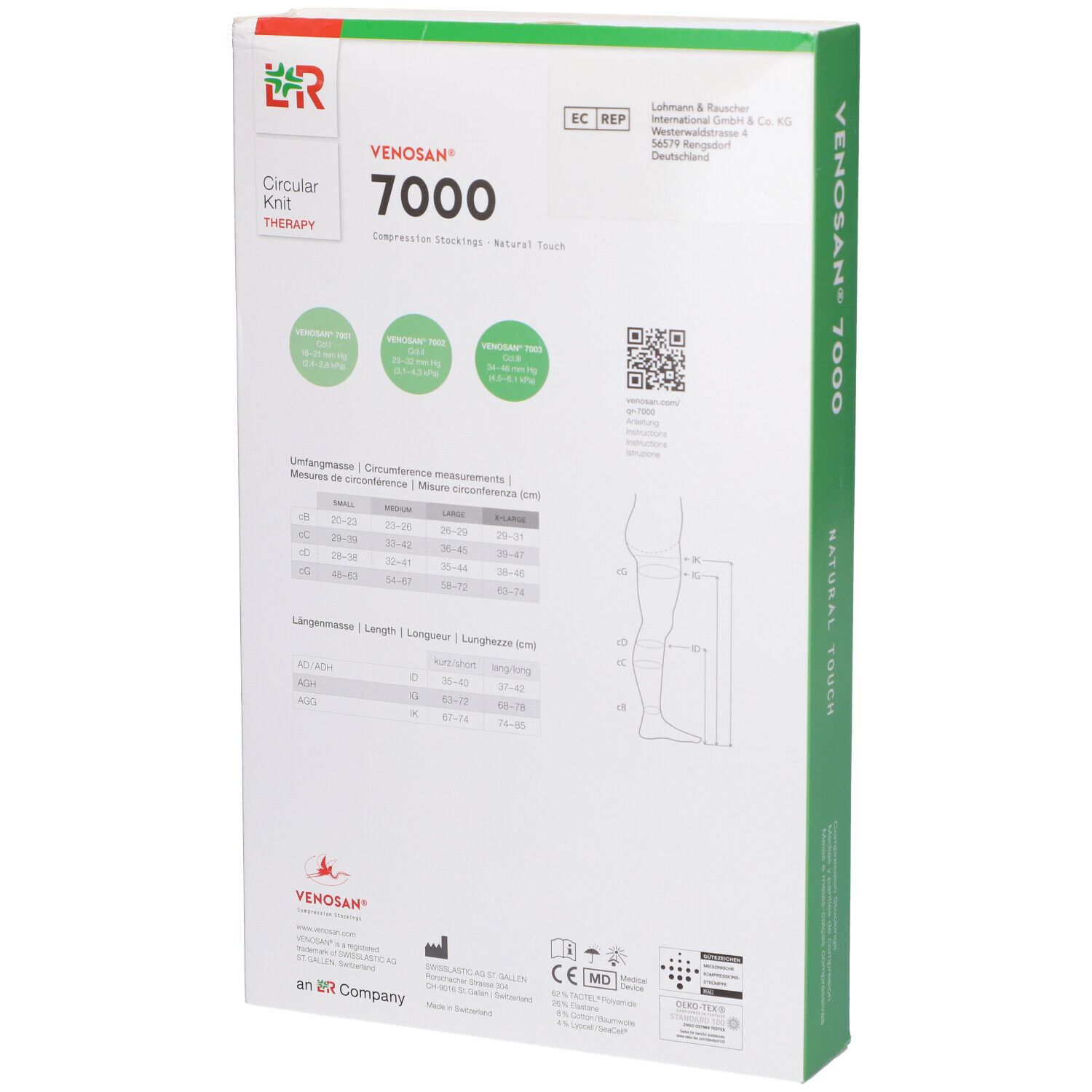 Confezione Venosan 7000, retro. Testo, tabella taglie, codice QR, marchio CE. Verde, bianco. Logo Venosan.