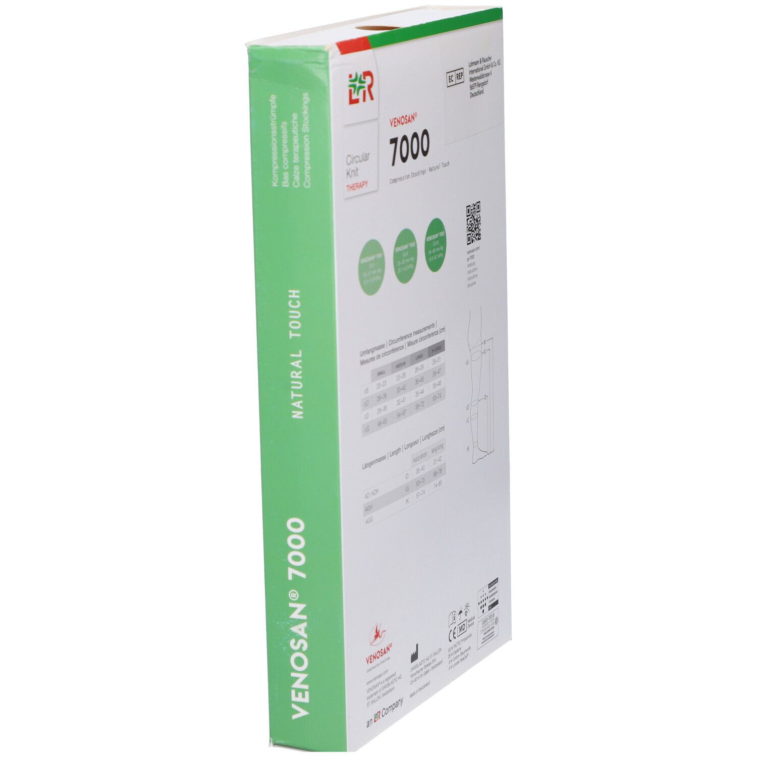 Confezione Venosan 7000, vista laterale. Testo, logo, marchio CE. Verde, bianco. Circular Knit Therapy.