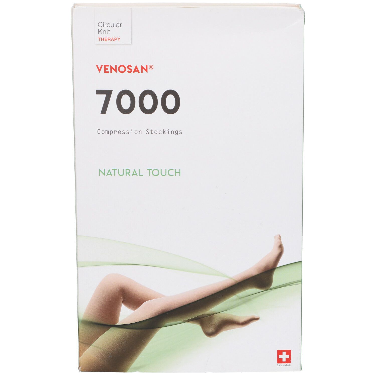 Confezione calze a compressione Venosan 7000. Bianco, verde, testo: 7000, Natural Touch, Circular Knit Therapy. Croce svizzera.