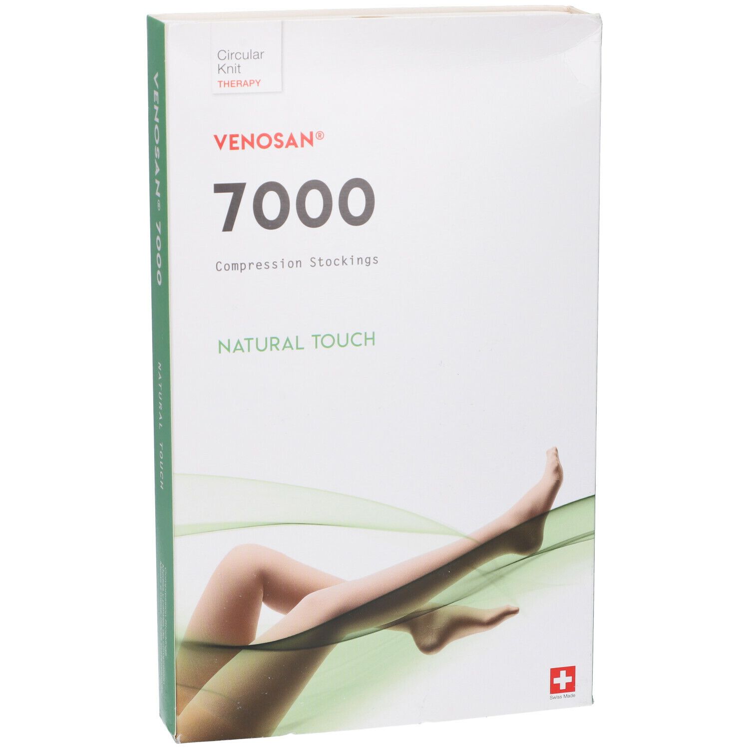 Confezione Venosan 7000, vista laterale. Testo, logo, marchio CE. Verde, bianco. Circular Knit Therapy.