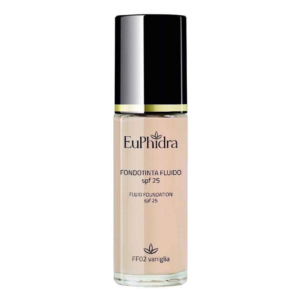 Flacone di fondotinta fluido EuPhidra. Scritta Fondotinta Fluido SPF 25. Tonalità FF02 Vaniglia.