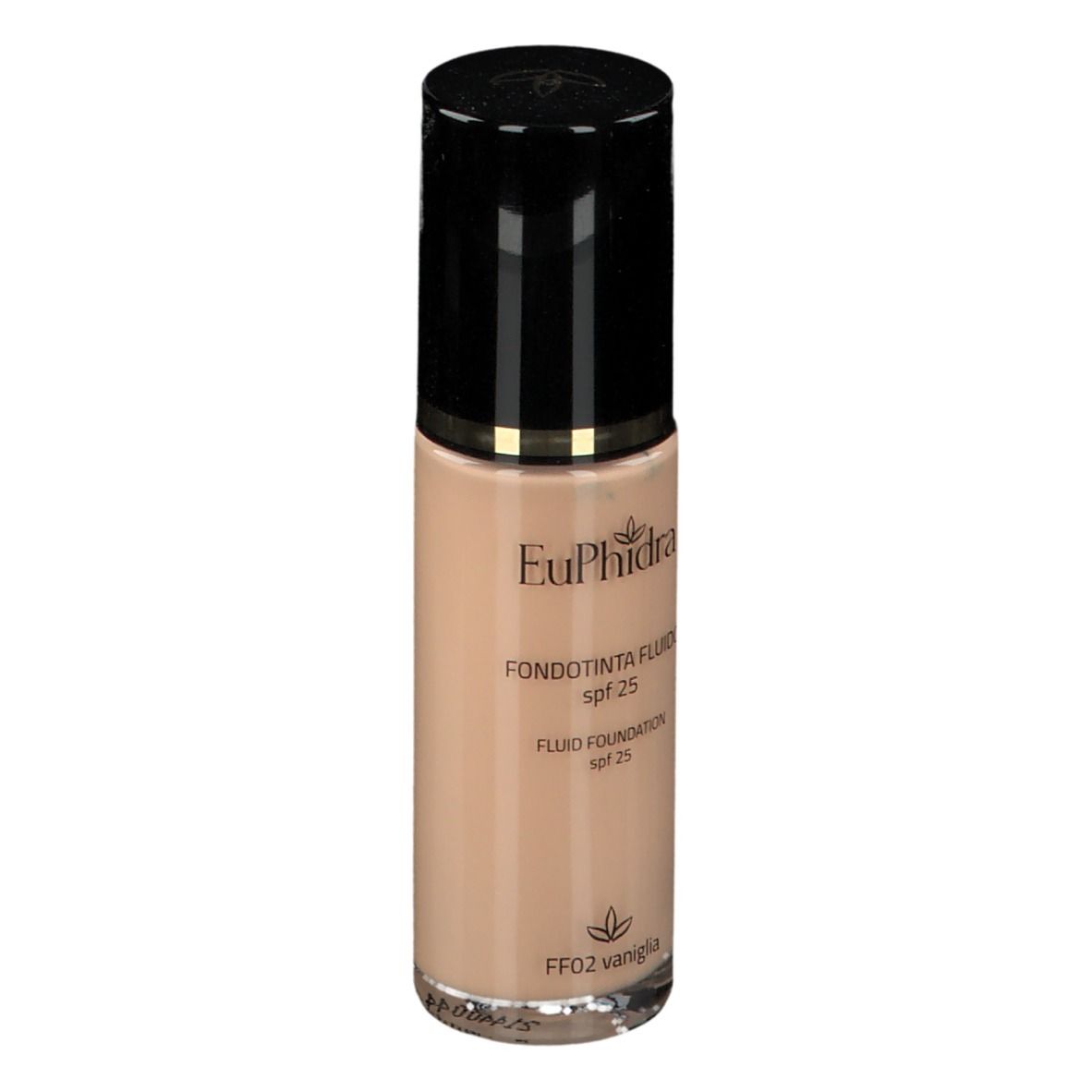 Flacone di fondotinta. Marchio EuPhidra, scritta Fondotinta Fluido SPF 25. Tonalità FF02 Vaniglia.