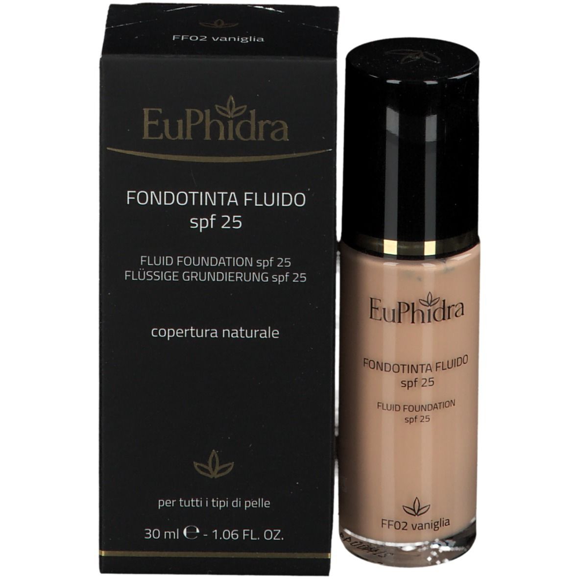 Flacone e scatola di fondotinta. Marchio EuPhidra, scritta Fondotinta Fluido SPF 25. 30 ml.