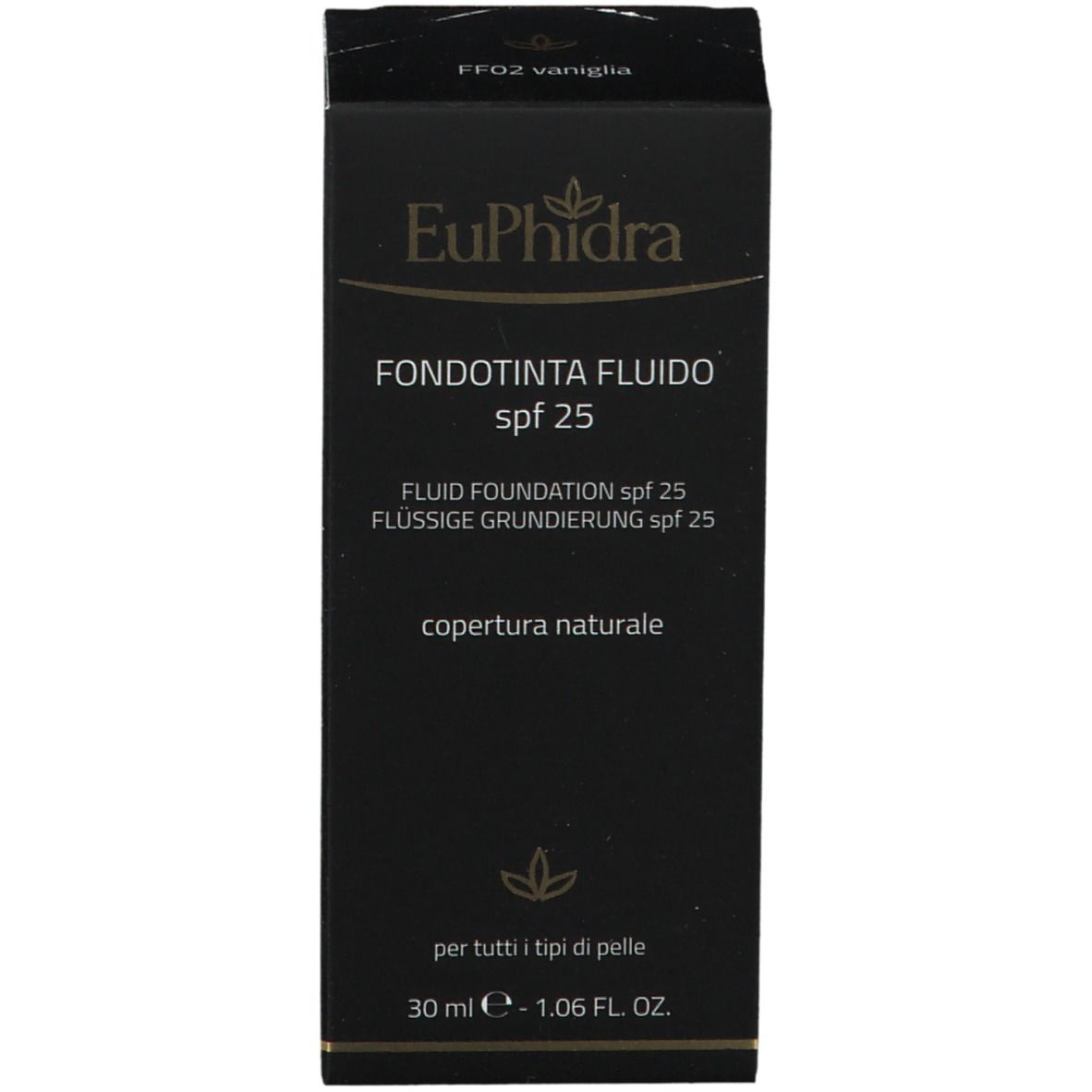 Scatola. Marchio EuPhidra, scritta Fondotinta Fluido SPF 25. 30 ml. Per tutti i tipi di pelle.