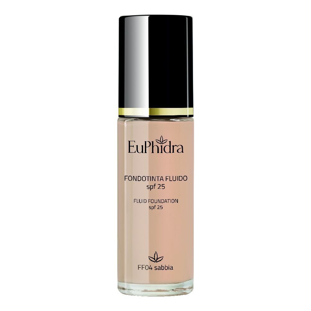 Fondotinta fluido in bottiglia di vetro con tappo nero. Scritte: Euphidra, Fondotinta Fluido, SPF 25, FF04 sabbia.