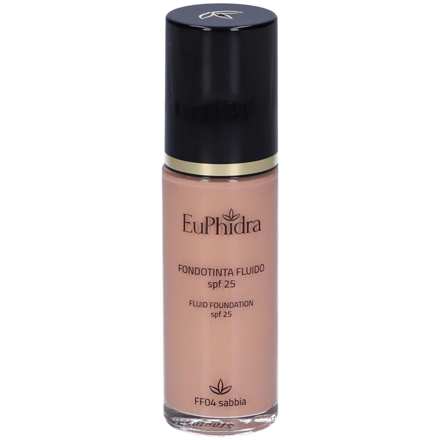Fondotinta fluido in bottiglia di vetro con tappo nero. Scritte: Euphidra, Fondotinta Fluido, SPF 25, FF04 sabbia.