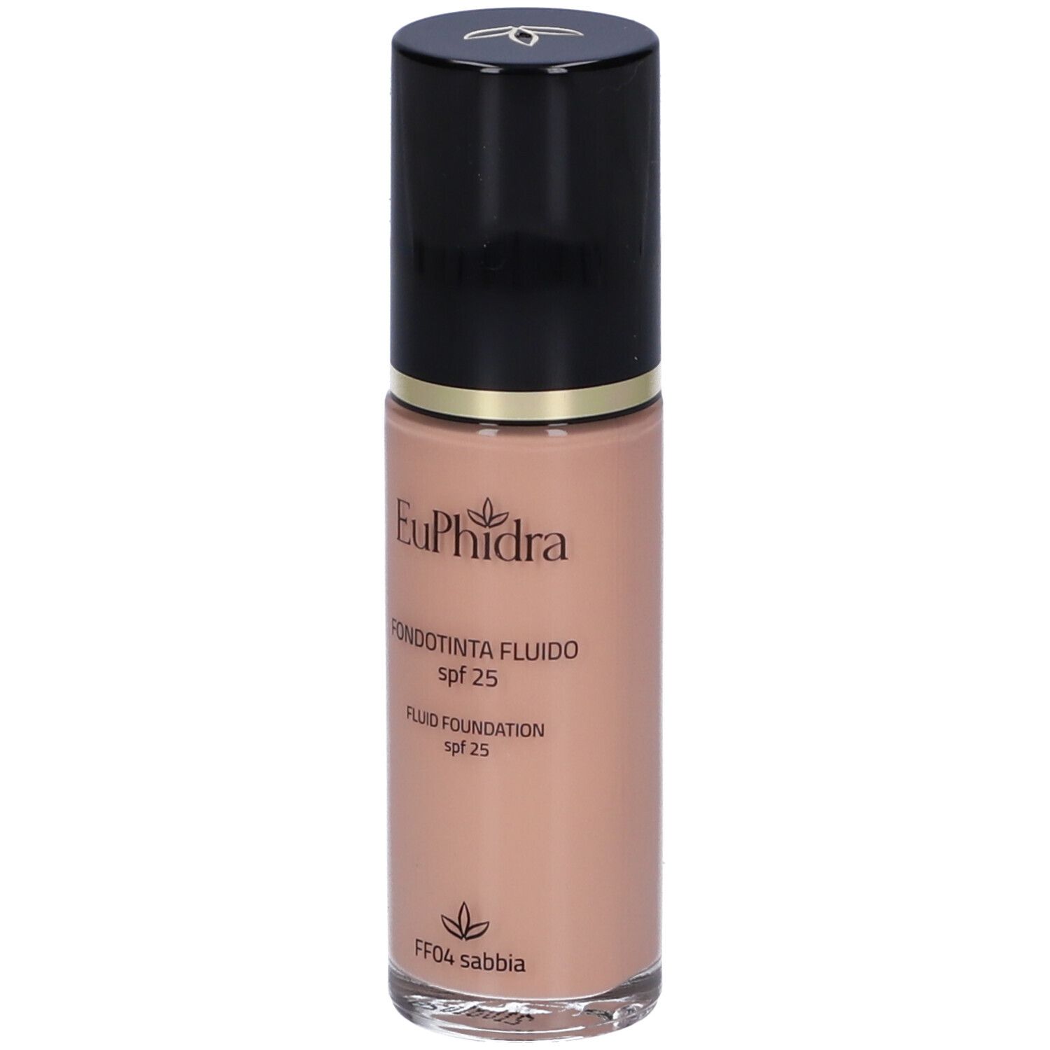 Fondotinta fluido in bottiglia di vetro con tappo nero. Scritte: Euphidra, Fondotinta Fluido, SPF 25, FF04 sabbia.