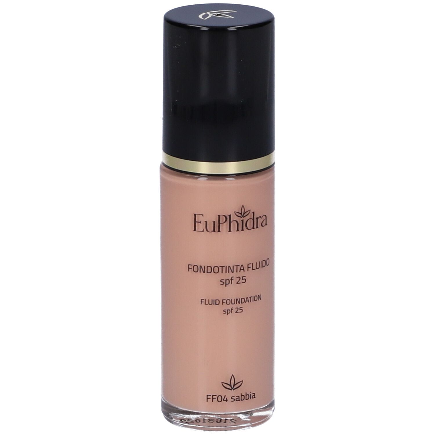 Fondotinta fluido in bottiglia di vetro con tappo nero. Scritte: Euphidra, Fondotinta Fluido, SPF 25, FF04 sabbia.