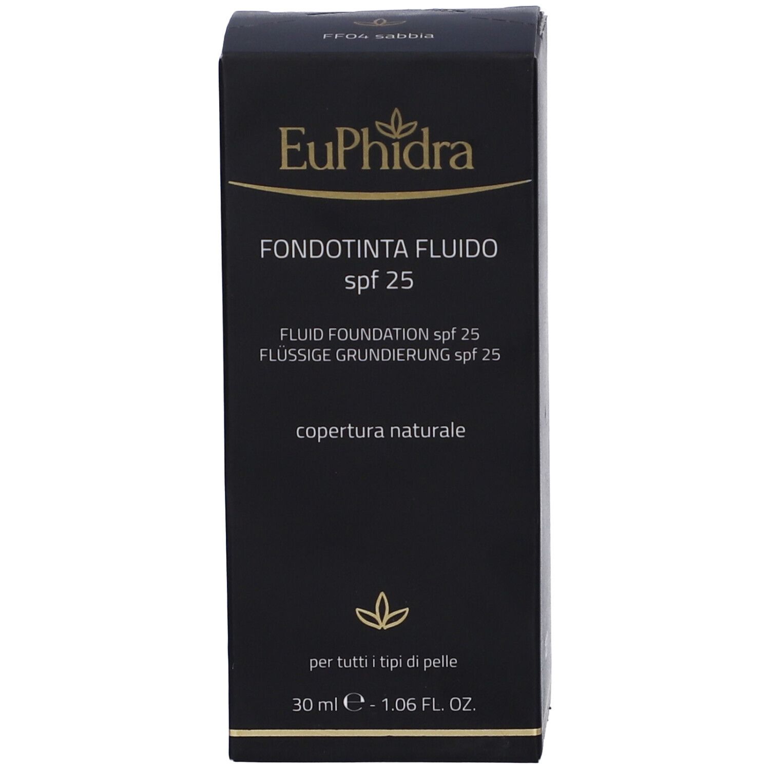 Scatola nera con nome e dettagli del prodotto. Scritte: Euphidra, Fondotinta Fluido, SPF 25.