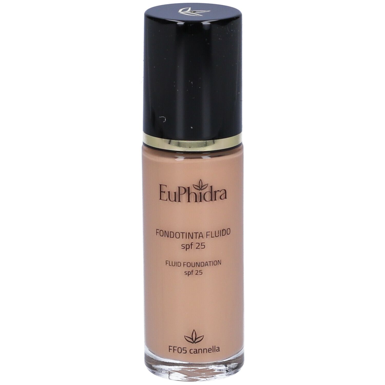Fondotinta fluido con tappo nero. Scritta: Euphidra, Fondotinta Fluido SPF 25, FF05 Cannella.
