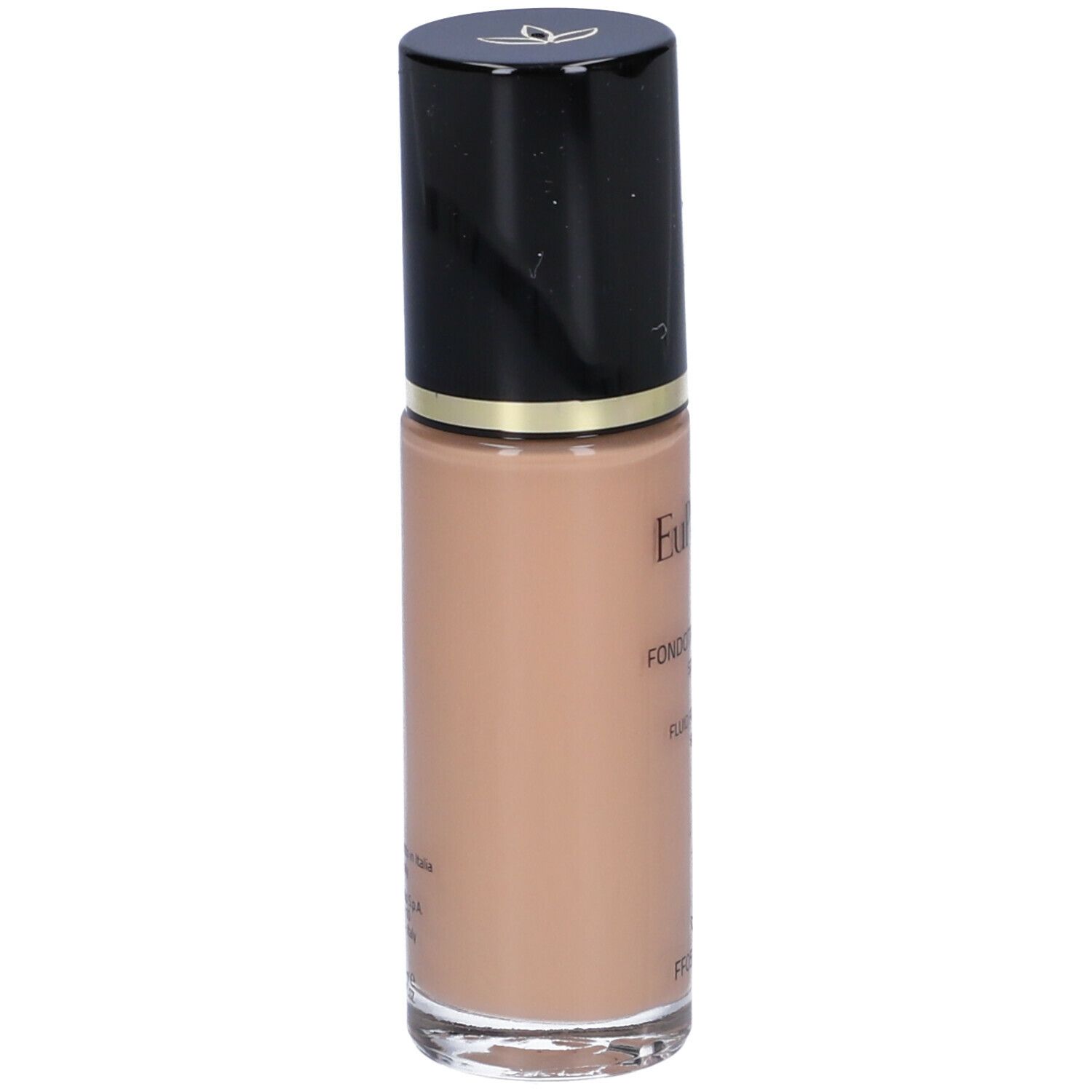 Flacone di fondotinta, marrone, con tappo nero. Scritta: Euphidra, Fondotinta Fluido SPF 25.