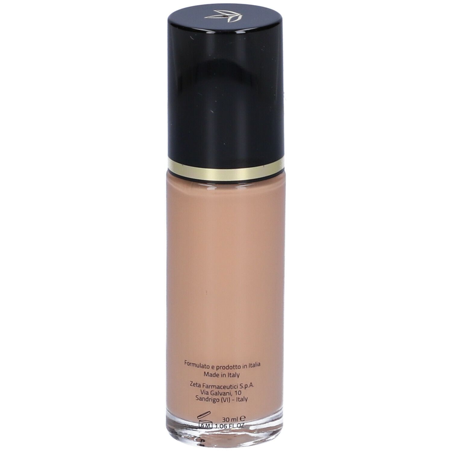 Flacone fondotinta, marrone, con tappo nero. Scritta: Euphidra, Fondotinta Fluido SPF 25. Testo sul retro.