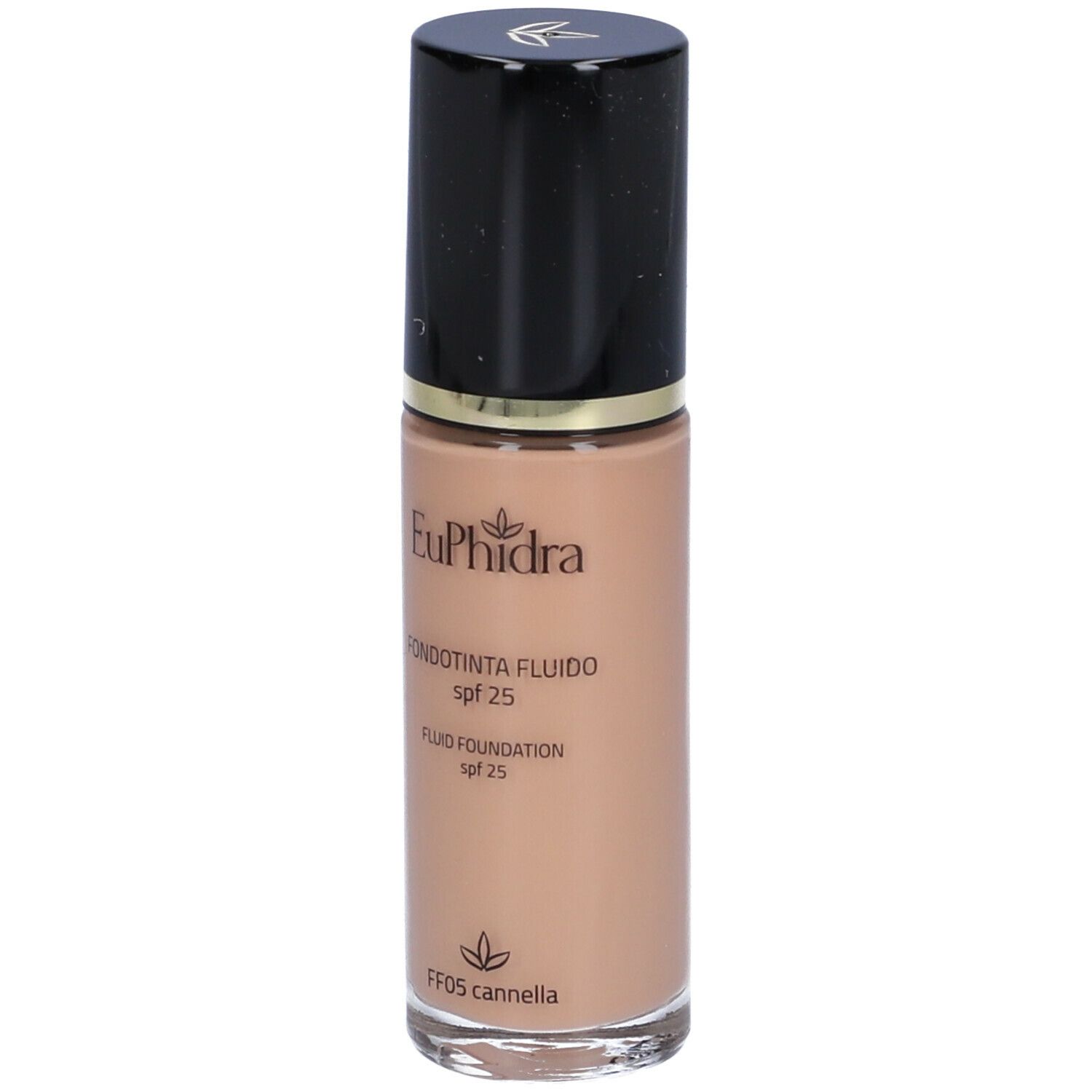 Flacone fondotinta, marrone, con tappo nero. Scritta: Euphidra, Fondotinta Fluido SPF 25, FF05 Cannella.