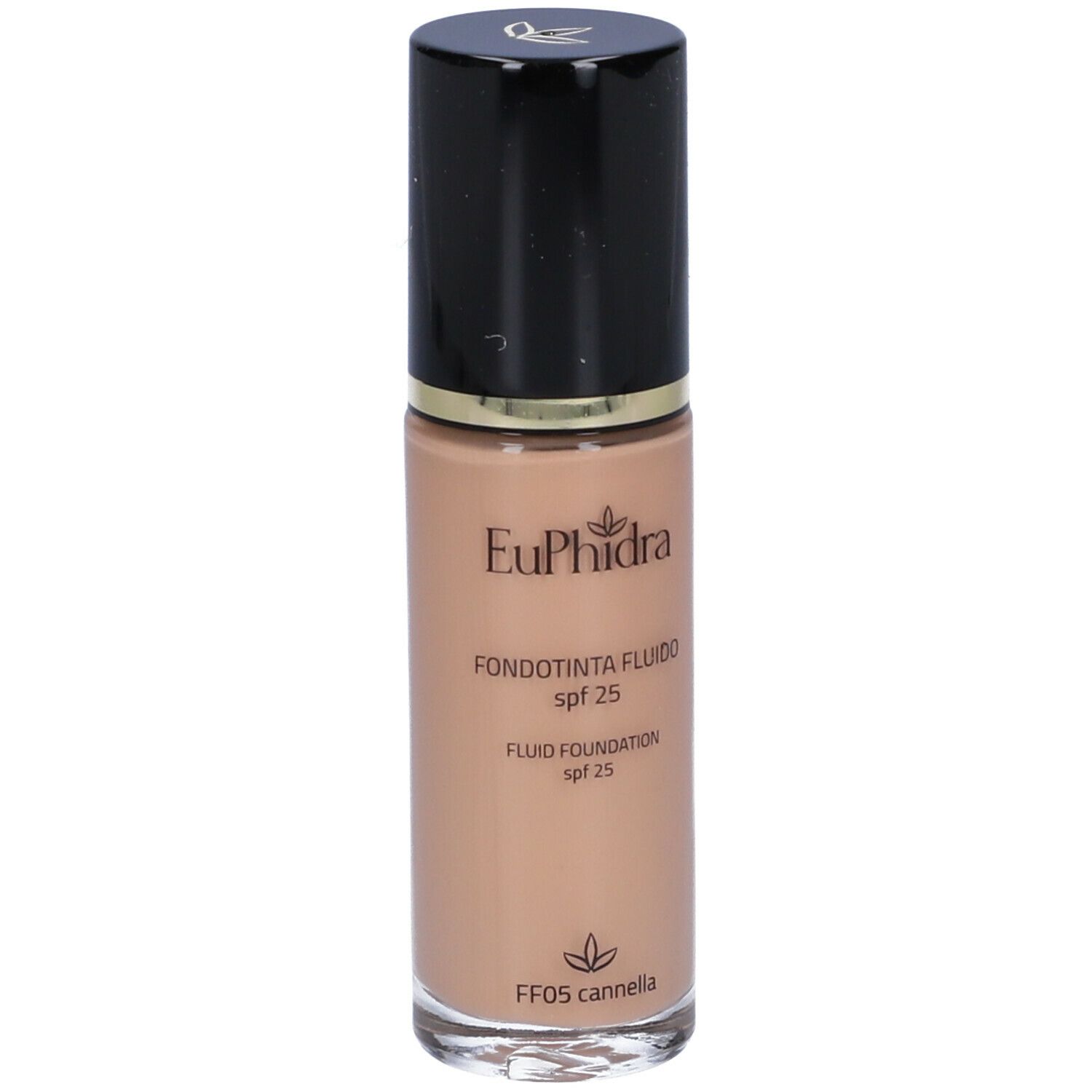 Flacone fondotinta, marrone, con tappo nero. Scritta: Euphidra, Fondotinta Fluido SPF 25, FF05 Cannella.