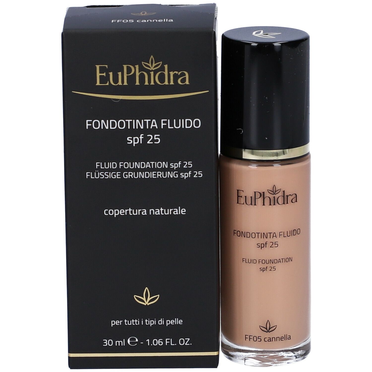 Flacone e scatola fondotinta. Scritta: Euphidra, Fondotinta Fluido SPF 25, FF05 Cannella. Copertura naturale.