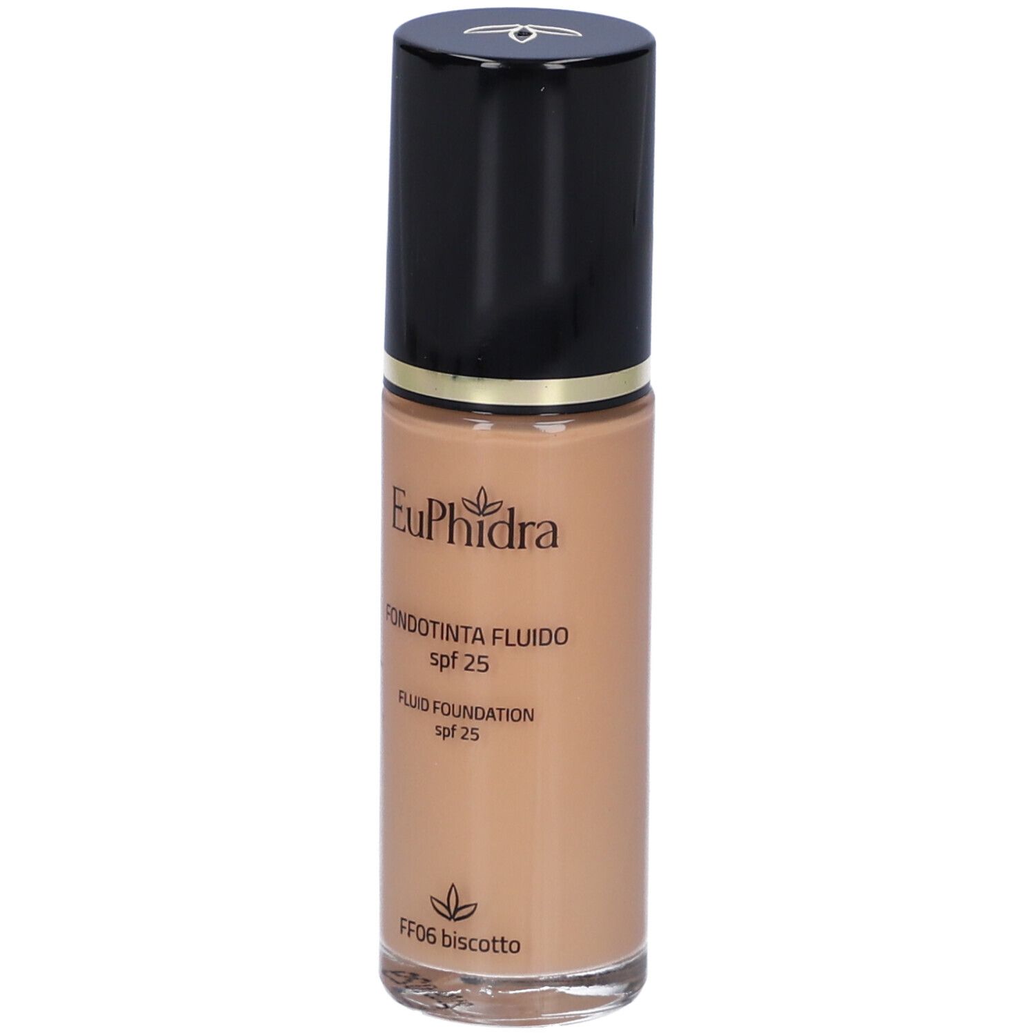Fondotinta fluido in flacone di vetro con tappo nero. Scritte: Euphidra, Fondotinta Fluido, SPF 25, FF06 Biscotto.