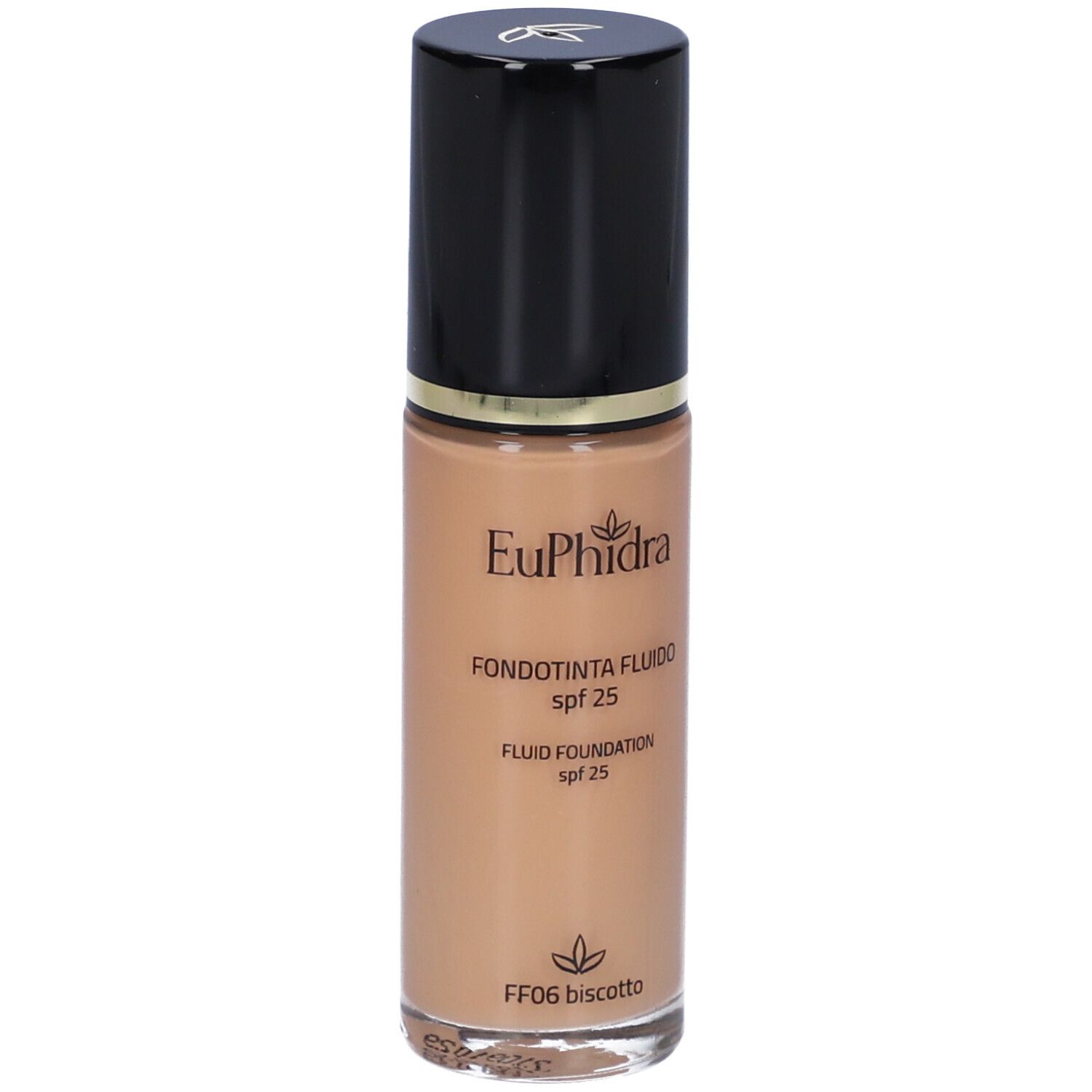 Fondotinta fluido in flacone di vetro con tappo nero. Scritte: Euphidra, Fondotinta Fluido, SPF 25, FF06 Biscotto.