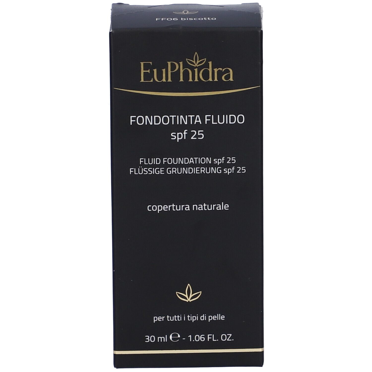 Confezione nera con scritte: Euphidra, Fondotinta Fluido, SPF 25, FF06 Biscotto. Contiene 30 ml.
