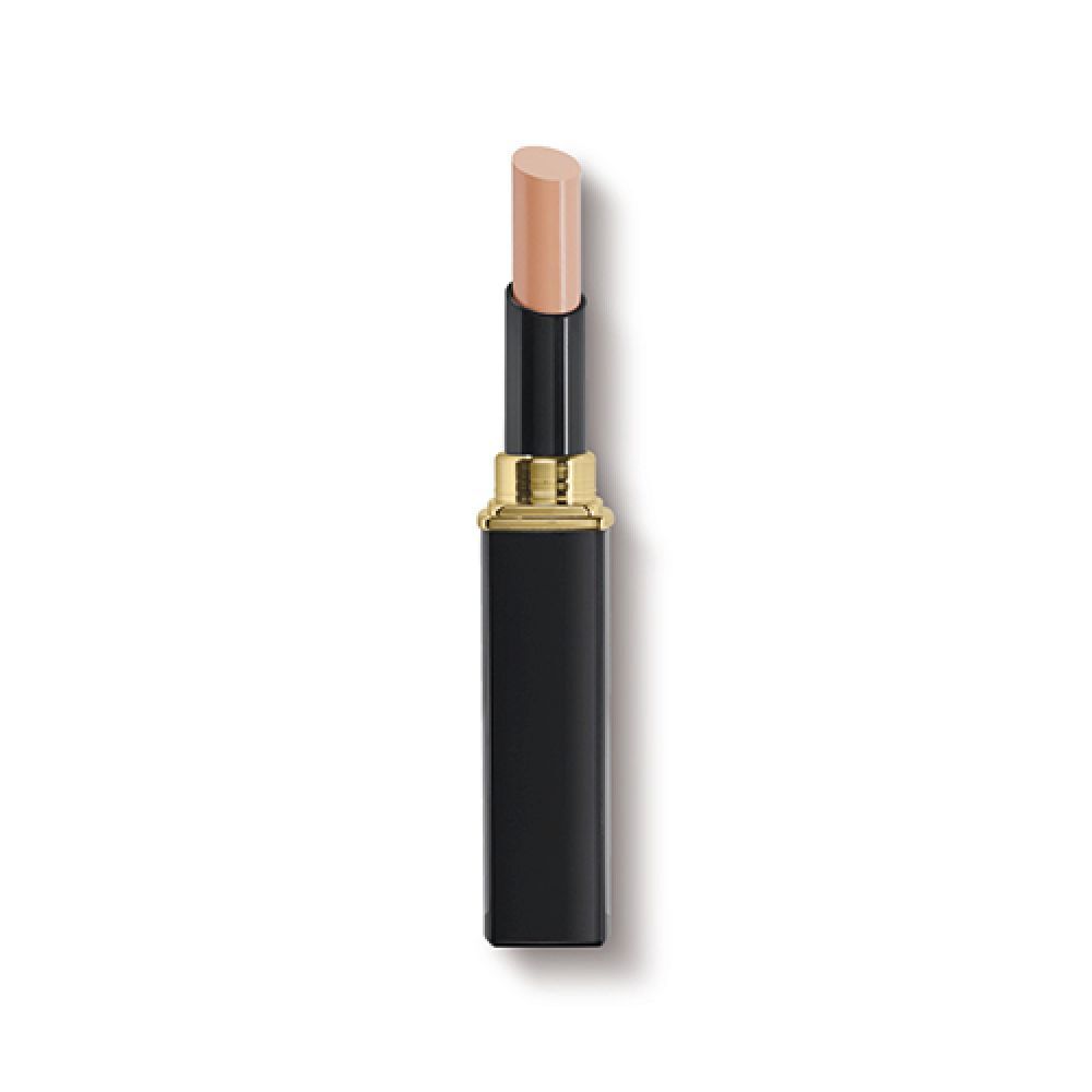 Un correttore cosmetico nero aperto con dettagli dorati. La punta mostra un correttore beige.