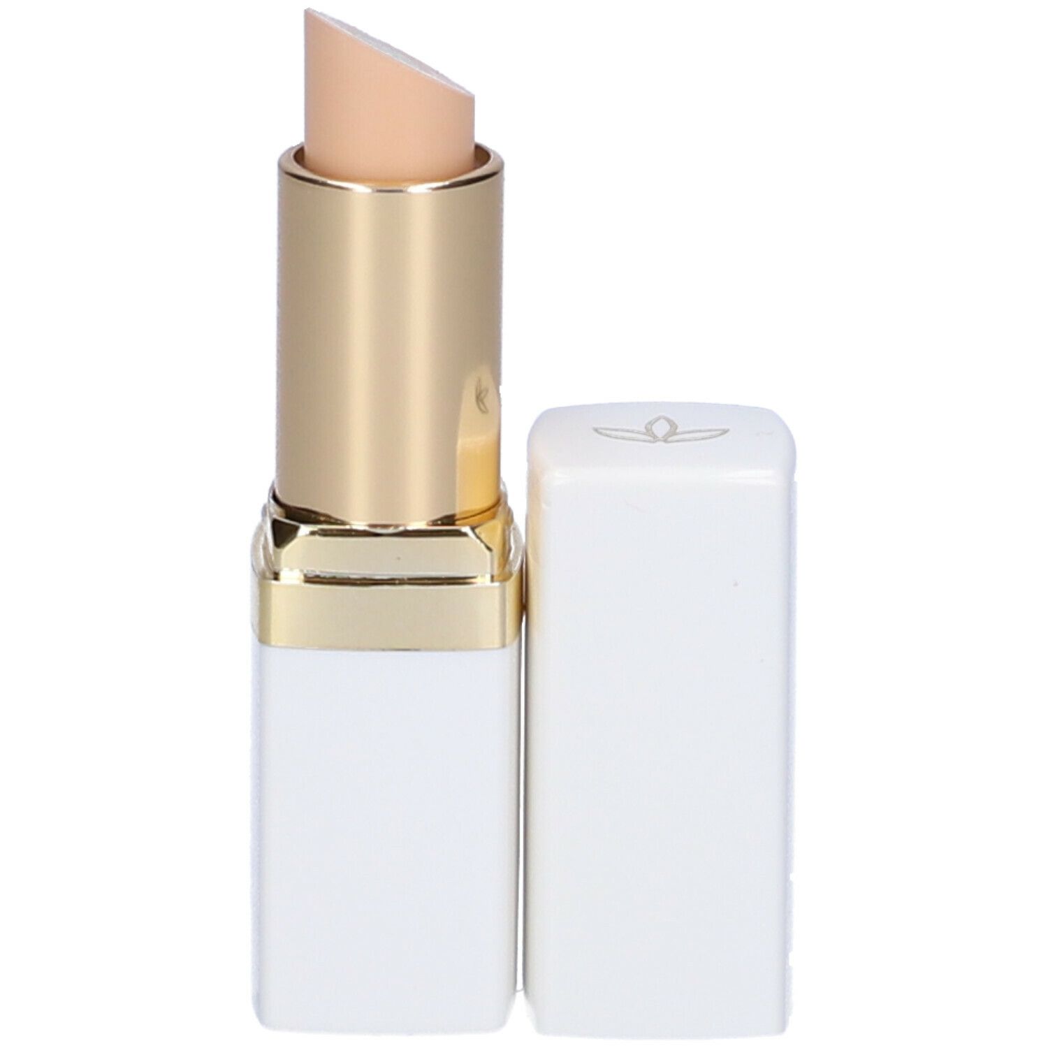 Stick correttore bianco e oro con punta beige. Tappo accanto.