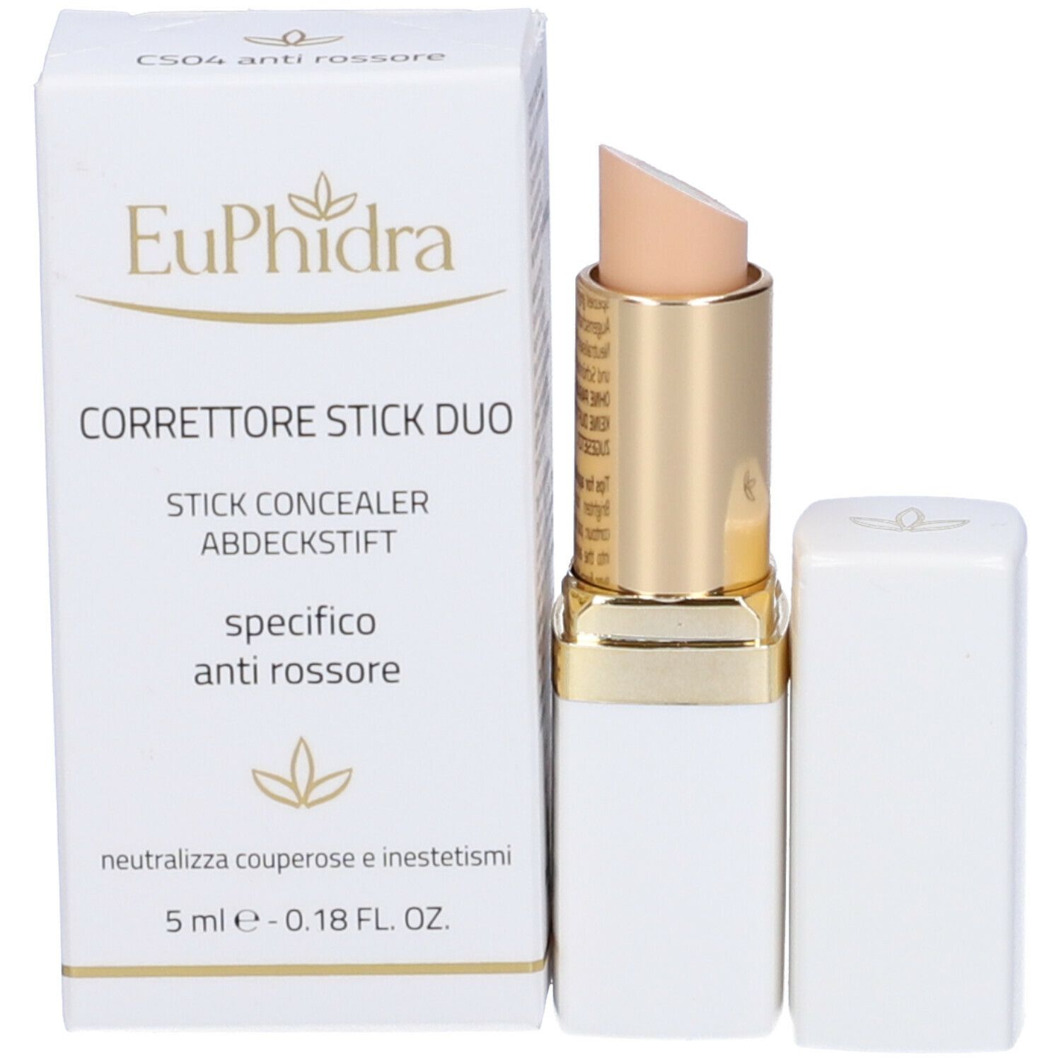 Confezione prodotto e stick correttore. Sulla confezione, Euphidra e altri testi.