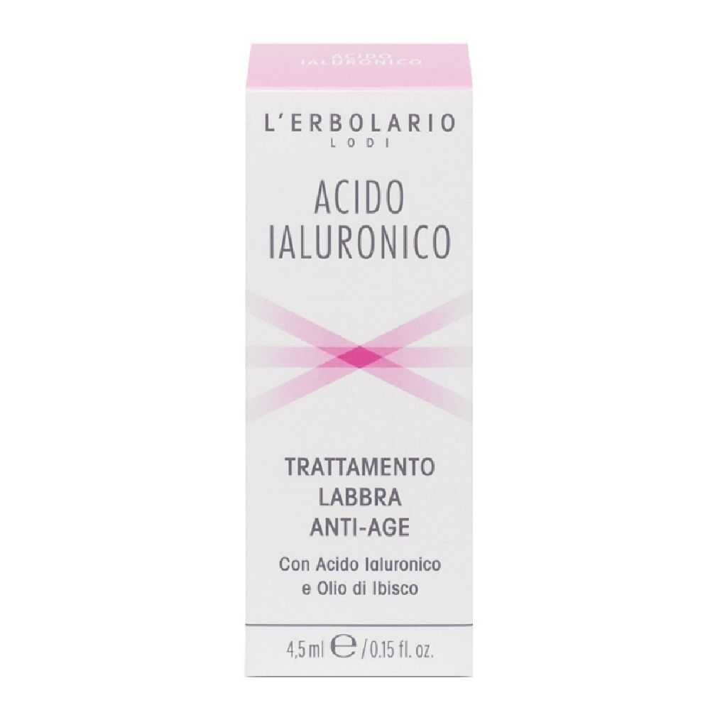 Confezione con informazioni prodotto. Scatola rosa e bianca con testo: Acido Ialuronico, Trattamento Labbra Anti-Age.