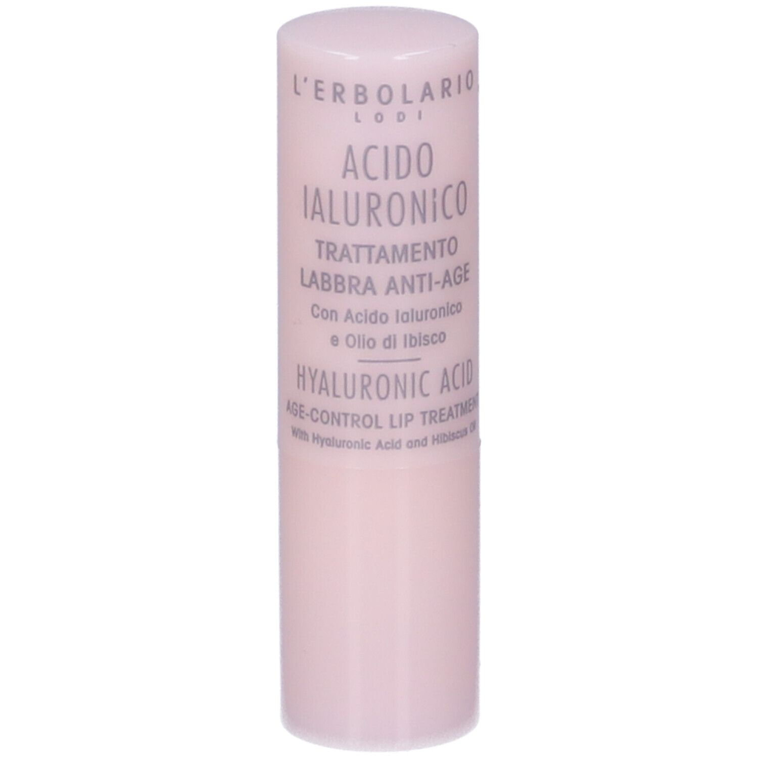 Stick labbra cilindrico rosa. Testo: Acido Ialuronico, Trattamento Labbra Anti-Age. Con tappo.