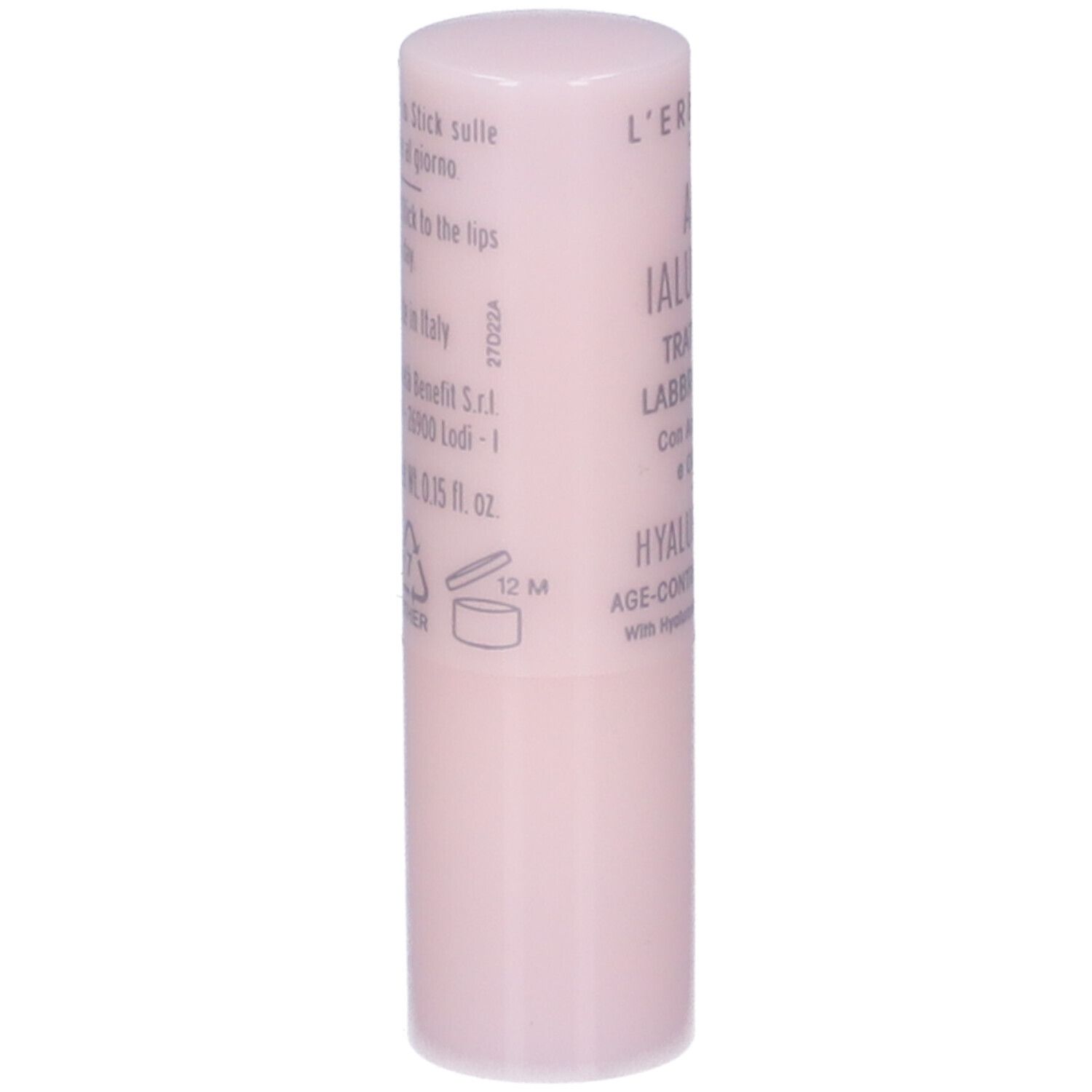 Stick labbra rosa con testo. Retro con testo e simboli. Simbolo 12M.