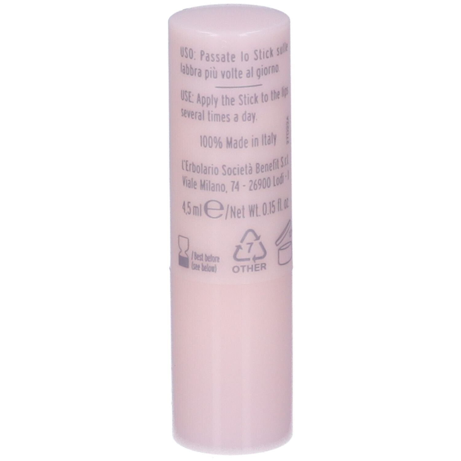 Stick labbra rosa con testo. Retro con testo e simboli. 4,5 ml/0,15 fl. oz.