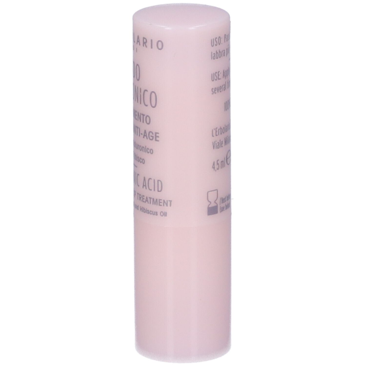 Stick labbra rosa con testo. Retro con testo e simboli. 4,5 ml/0,15 fl. oz.