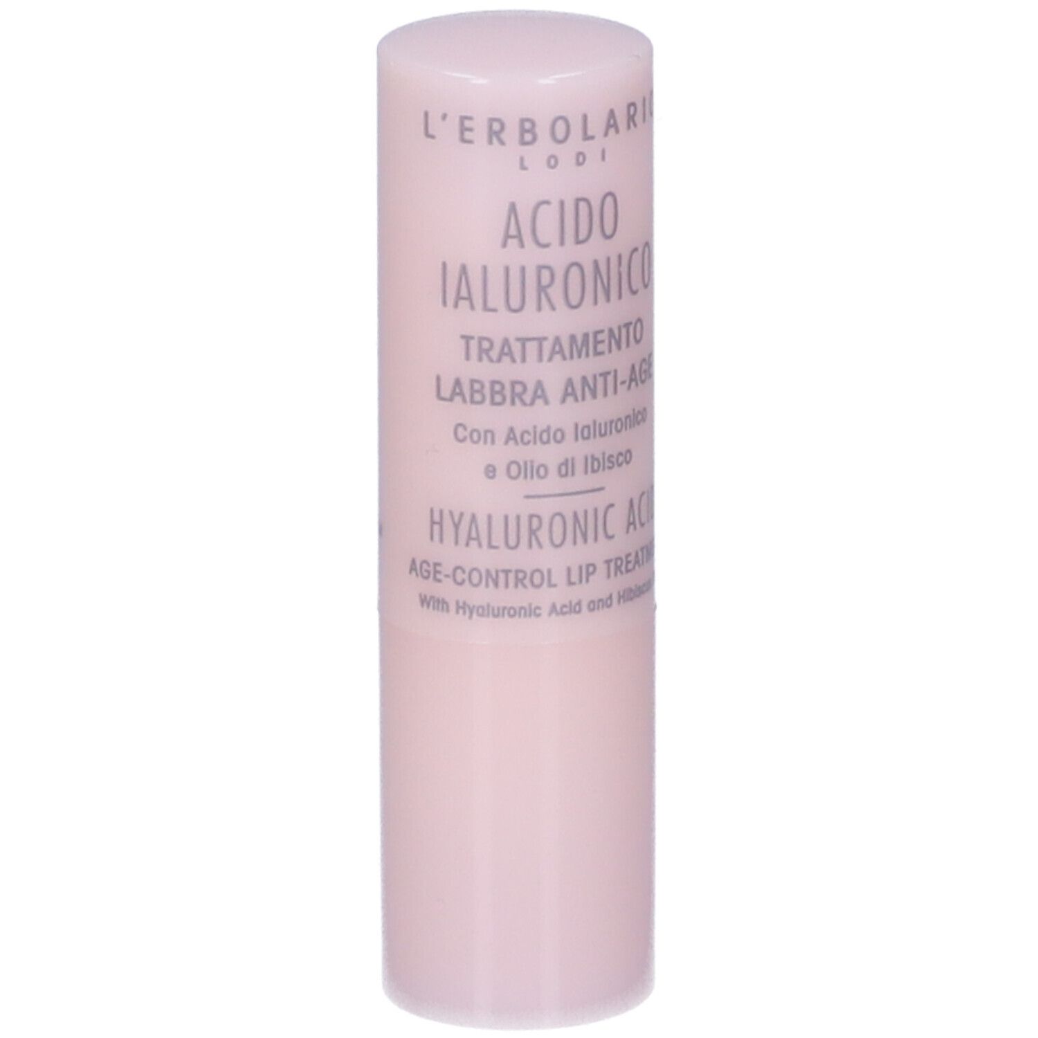 Stick labbra cilindrico rosa. Testo: Acido Ialuronico, Trattamento Labbra Anti-Age.