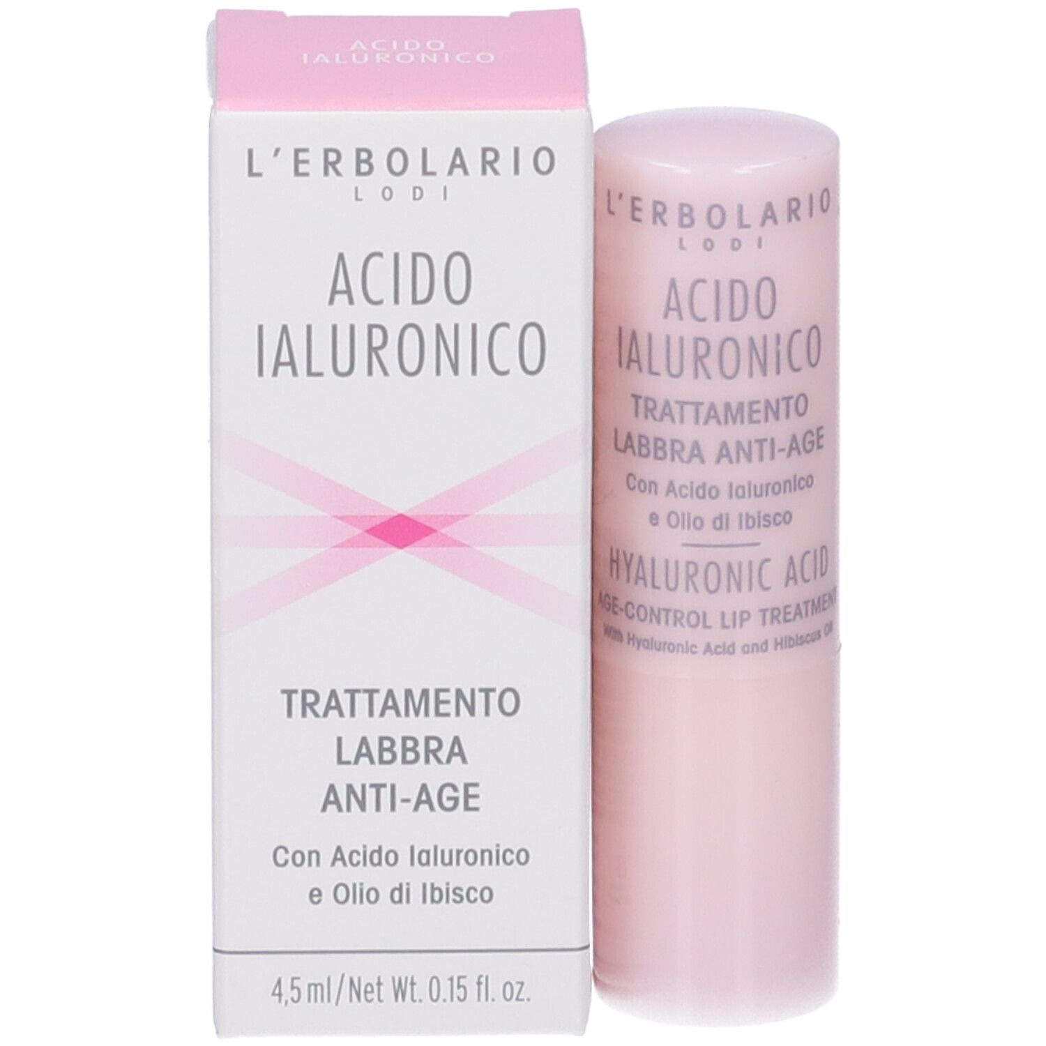 Prodotto e confezione. Stick labbra rosa e scatola. Testo: Acido Ialuronico, Trattamento Labbra Anti-Age.
