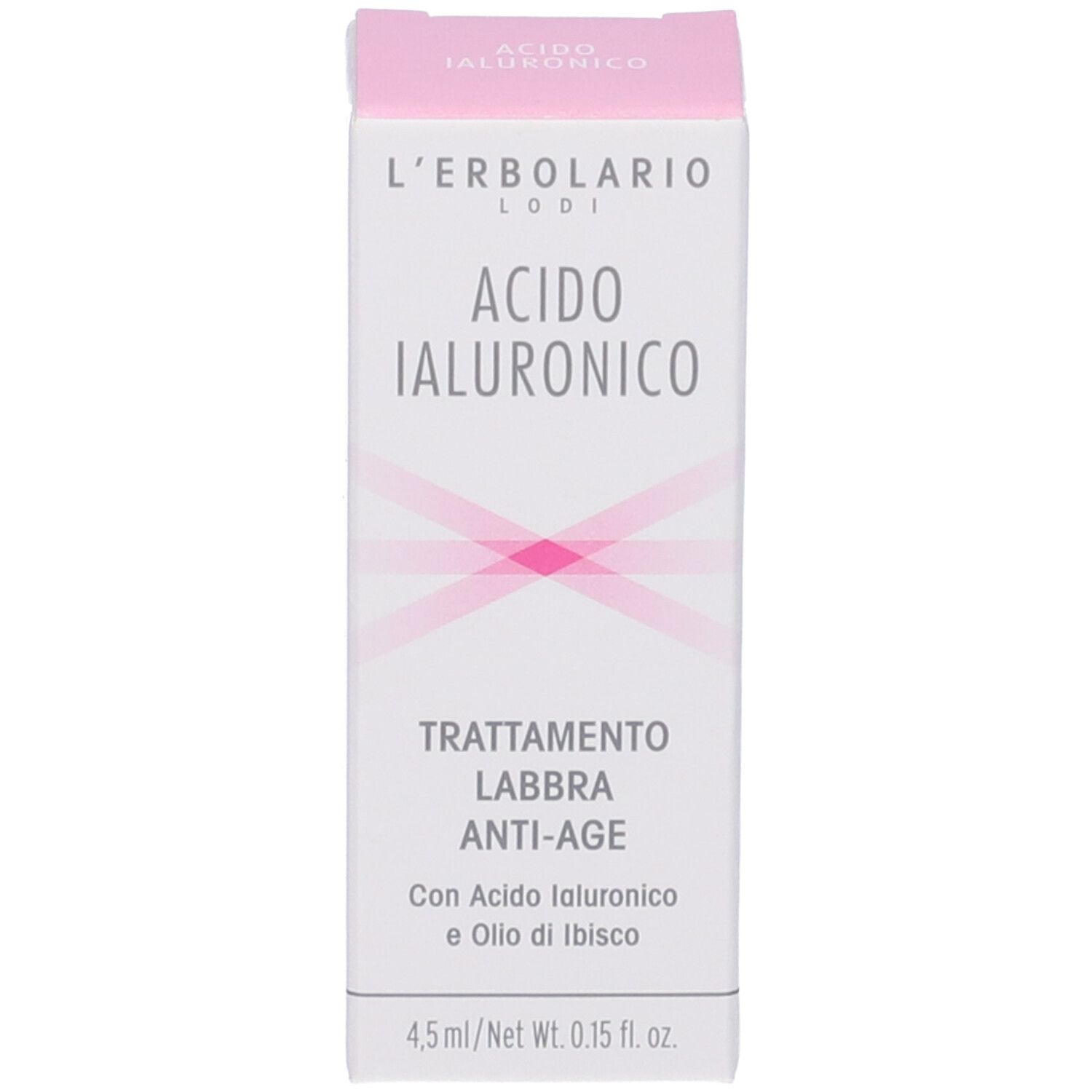 Confezione con informazioni prodotto. Scatola rosa e bianca con testo: Acido Ialuronico, Trattamento Labbra Anti-Age.