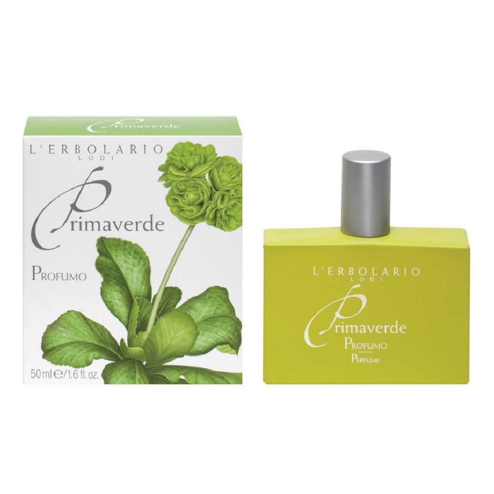 Flacone e scatola verdi. Scritta: Primaverde Profumo. Marchio: L'Erbolario.